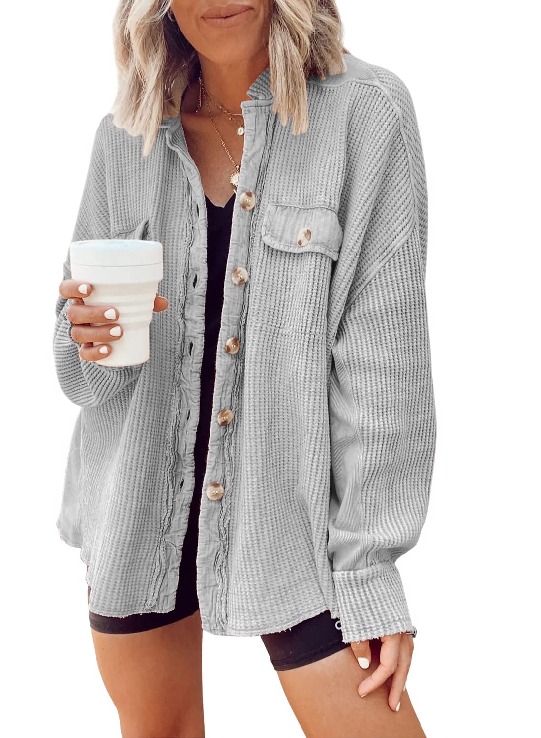 Women's Loose Fit Batwing Sleeve Waffle Knit Button Down Shirt Shacket - Casual Long Sleeve Tops for Fall & Winter | Perfect for Layering, Office Wear & Weekend Outfits