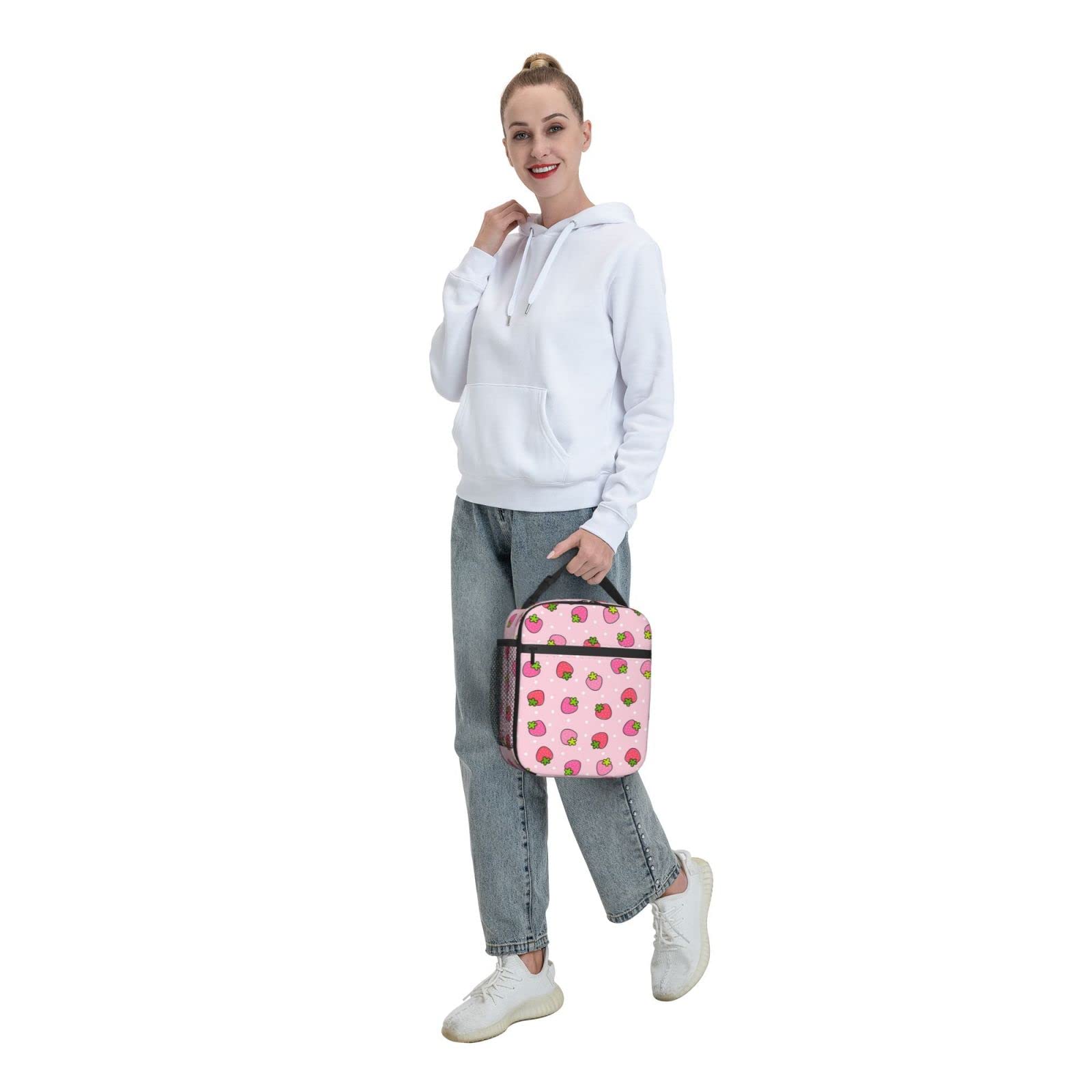KiuLoam Insulated Lunch Box - Cute Strawberry Pink Reusable Lunch Bag with Shoulder Strap for Women, Men, Girls & Boys - Perfect for School, Work, Picnics & Outdoor Activities