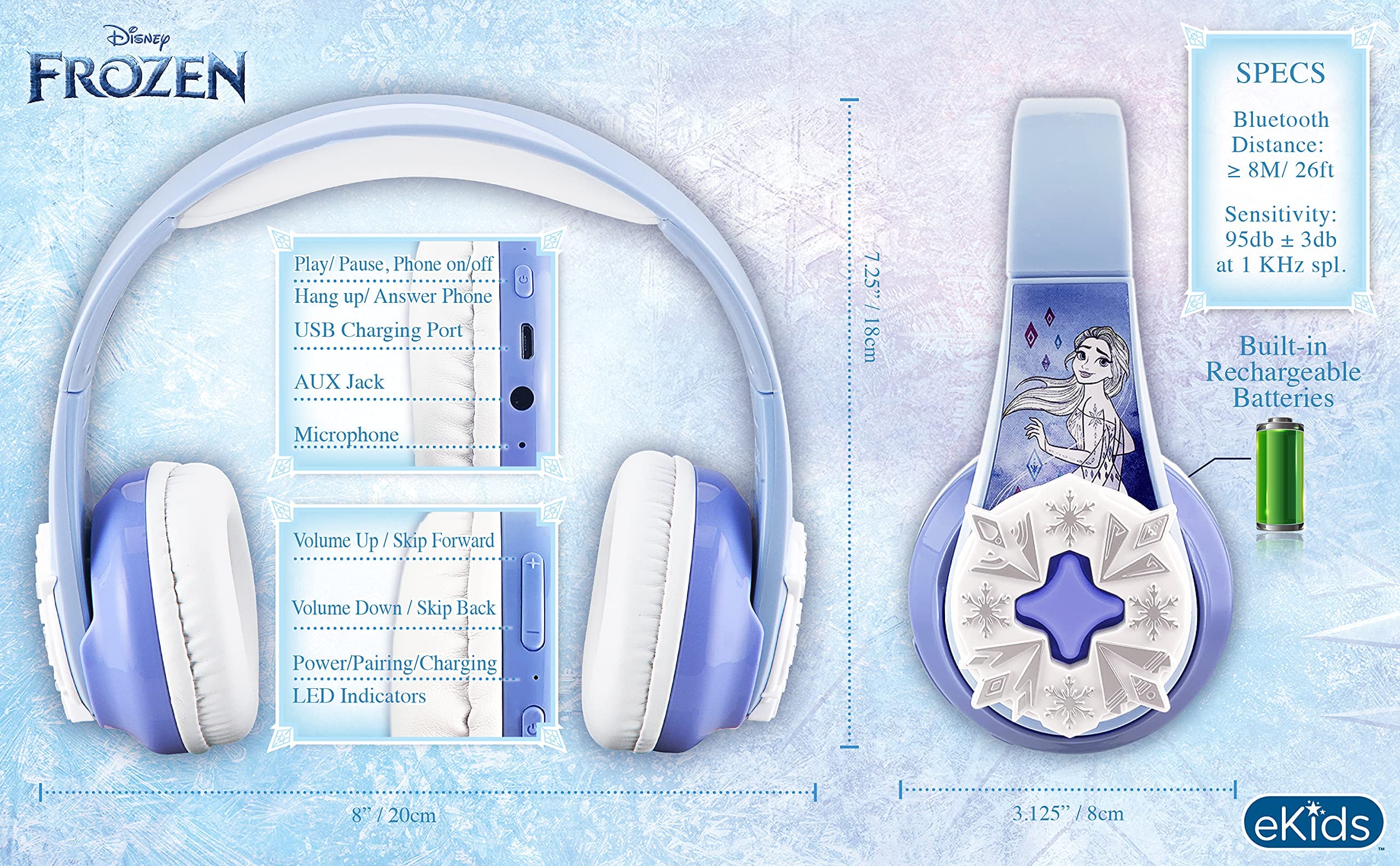 Disney Frozen Bluetooth Headphones for Kids - Wireless Headset with Built-in Mic & AUX Cable, EZ Link Technology, Lightweight Over-Ear Design for School, Home, Travel | Perfect for Online Learning, Gaming & Movie Watching