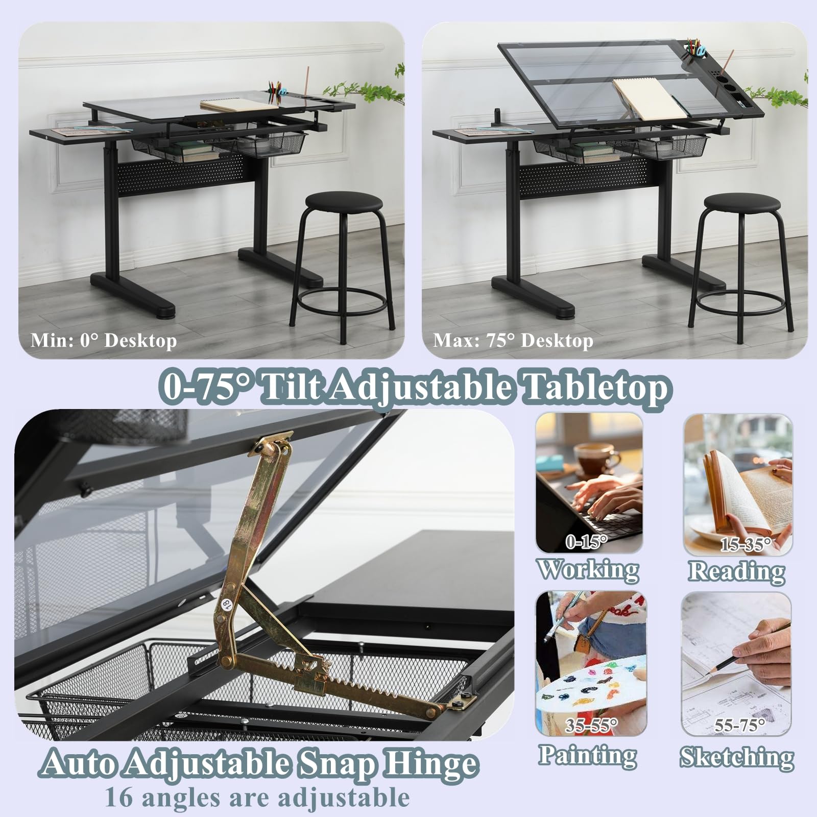 Upgraded Adjustable Height Glass Drafting Table with Hand Crank - Artist Drawing Desk with Stool, Tilting Art Craft Desk, 2 Storage Drawers & Side Table - Perfect for Home Office, Studio & Creative Workspaces - No.2 Black