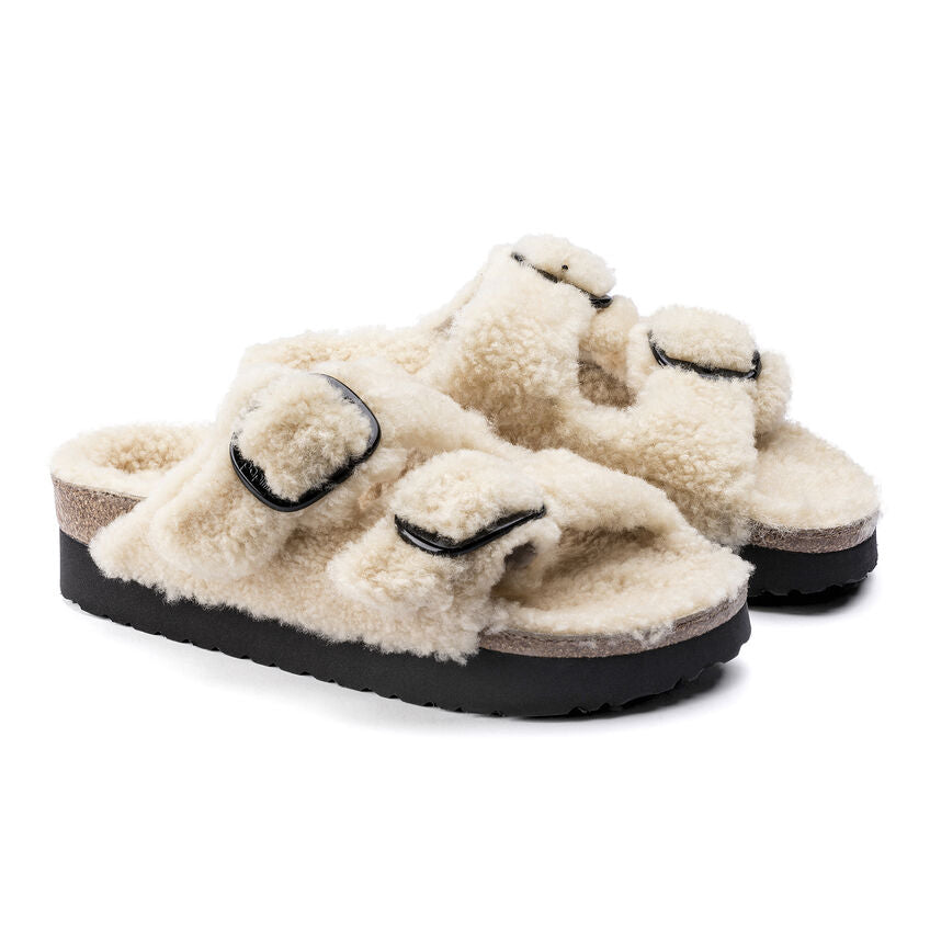 Birkenstock Arizona Big Buckle Shearling Sandals for Women - Soft Teddy Eggshell Color - Comfortable Orthopedic Footbed - Perfect for Casual Wear, Home & Travel