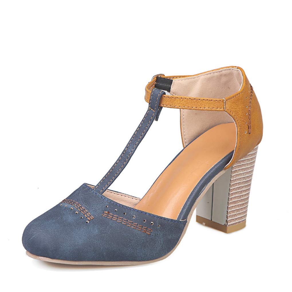 Women's T-Strap Sandals with Chunky High Heels - Comfortable Contrast Pumps Shoes by Umore | Perfect for Summer Outings, Beach Vacations & Date Nights