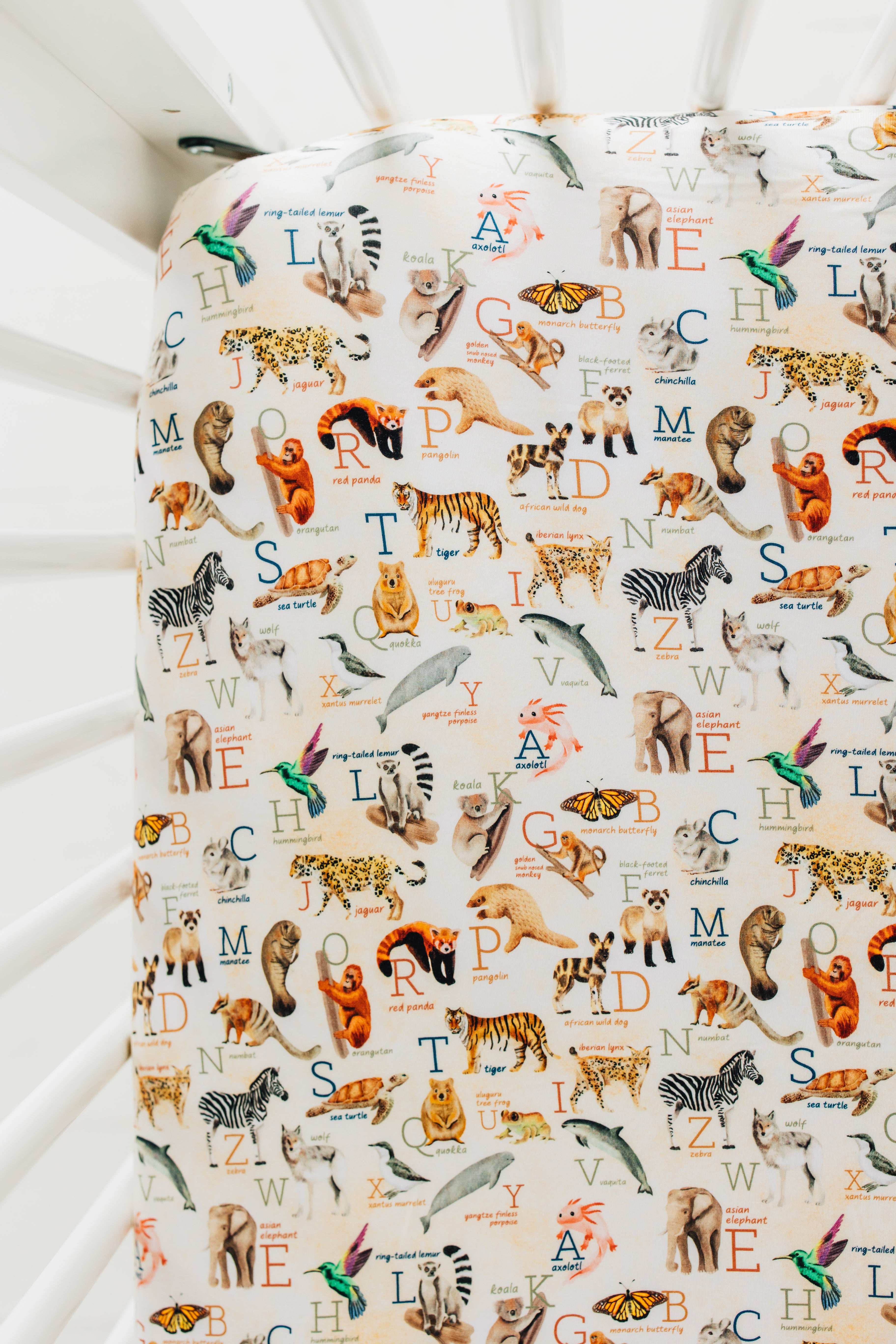 Endangered Animals Alphabet Crib Sheet - Educational Nursery Wall Art for Baby Room Decor - Perfect for Toddler Learning & Wildlife Conservation Awareness
