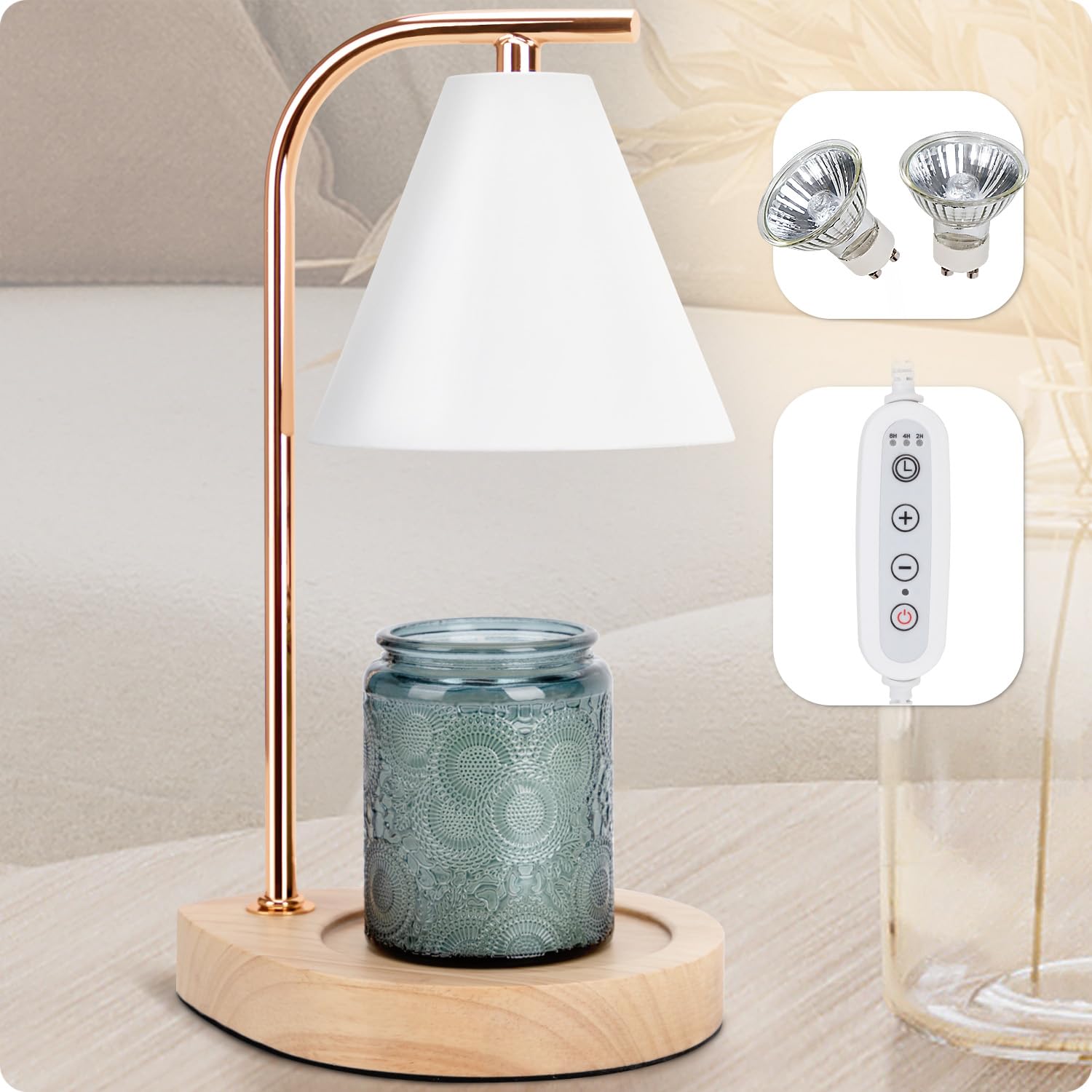 Vintage Wooden Candle Warmer Lamp with 2 Bulbs - Adjustable Dimmer & Timer Function for Jar Candles | Wax Melter for Home Decor, Aromatherapy, Romantic Ambiance & Gift Giving