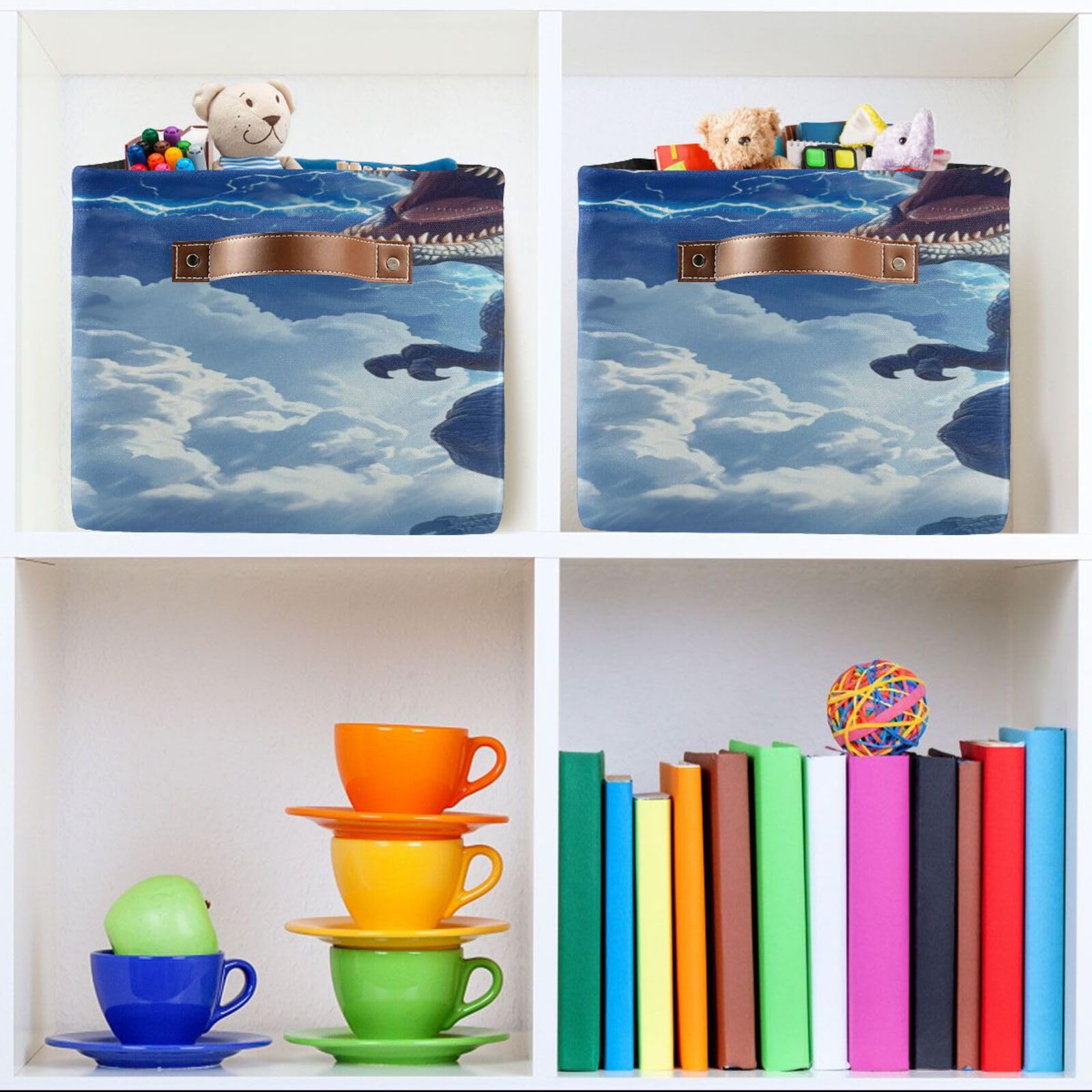 Large Fabric Storage Bins with Handles - Collapsible Closet Organizer for Clothes, Toys & Home Decor (Blue Dinosaur)