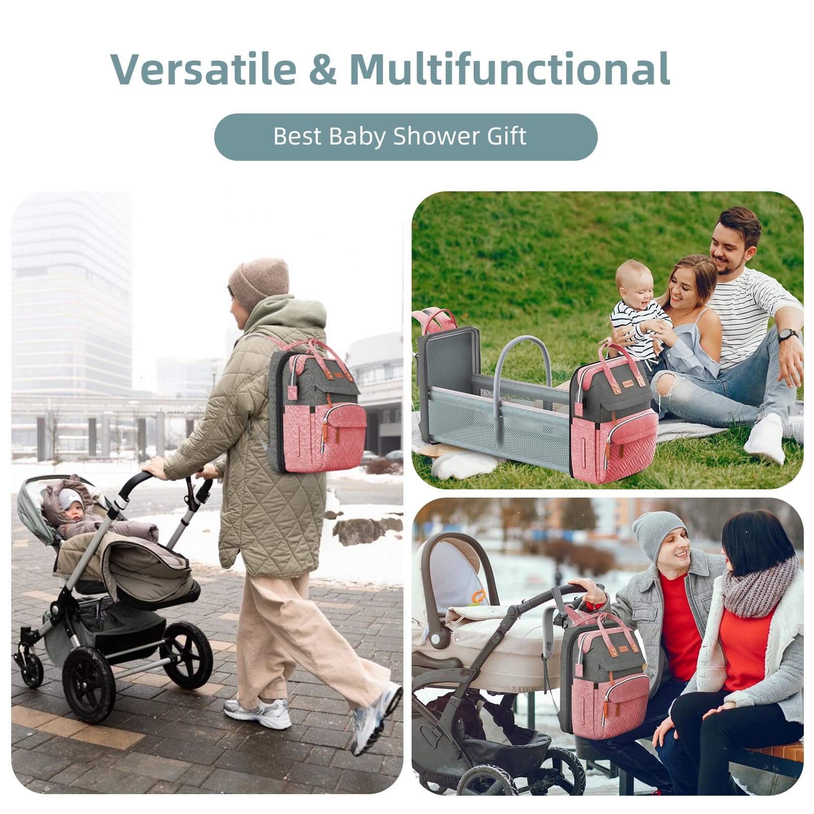 Premium Diaper Bag Backpack with Insulated Bottle Pockets & Foldable Changing Station - Large Waterproof Baby Diaper Bag for Moms, Multifunctional Travel Organizer (Pink Gray) - Perfect for Daycare, Travel & On-the-Go Parenting