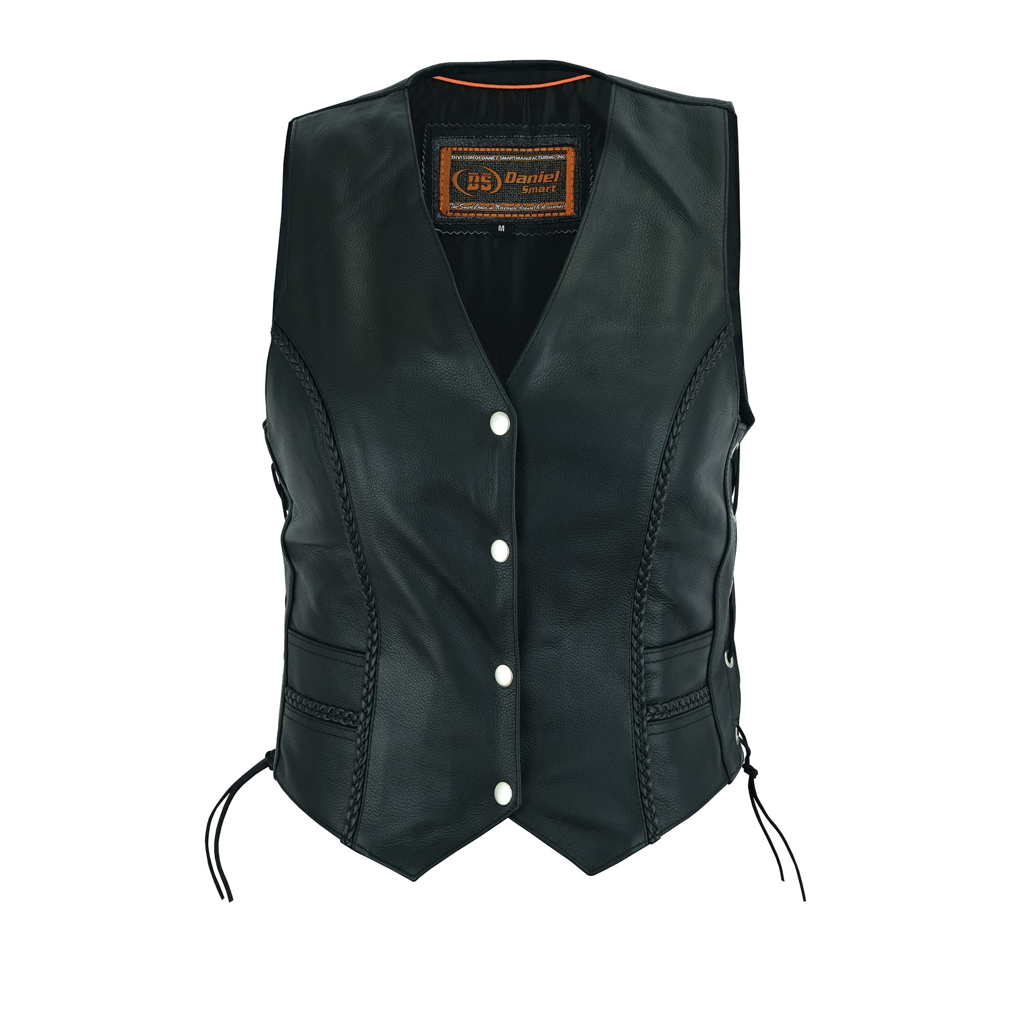 Daniel Smart Women's Leather Vest with Braid Detail – Stylish Side Lace Design & Hidden Armory Pocket | Perfect for Motorcycle Riding, Outdoor Adventures & Fashion Layering