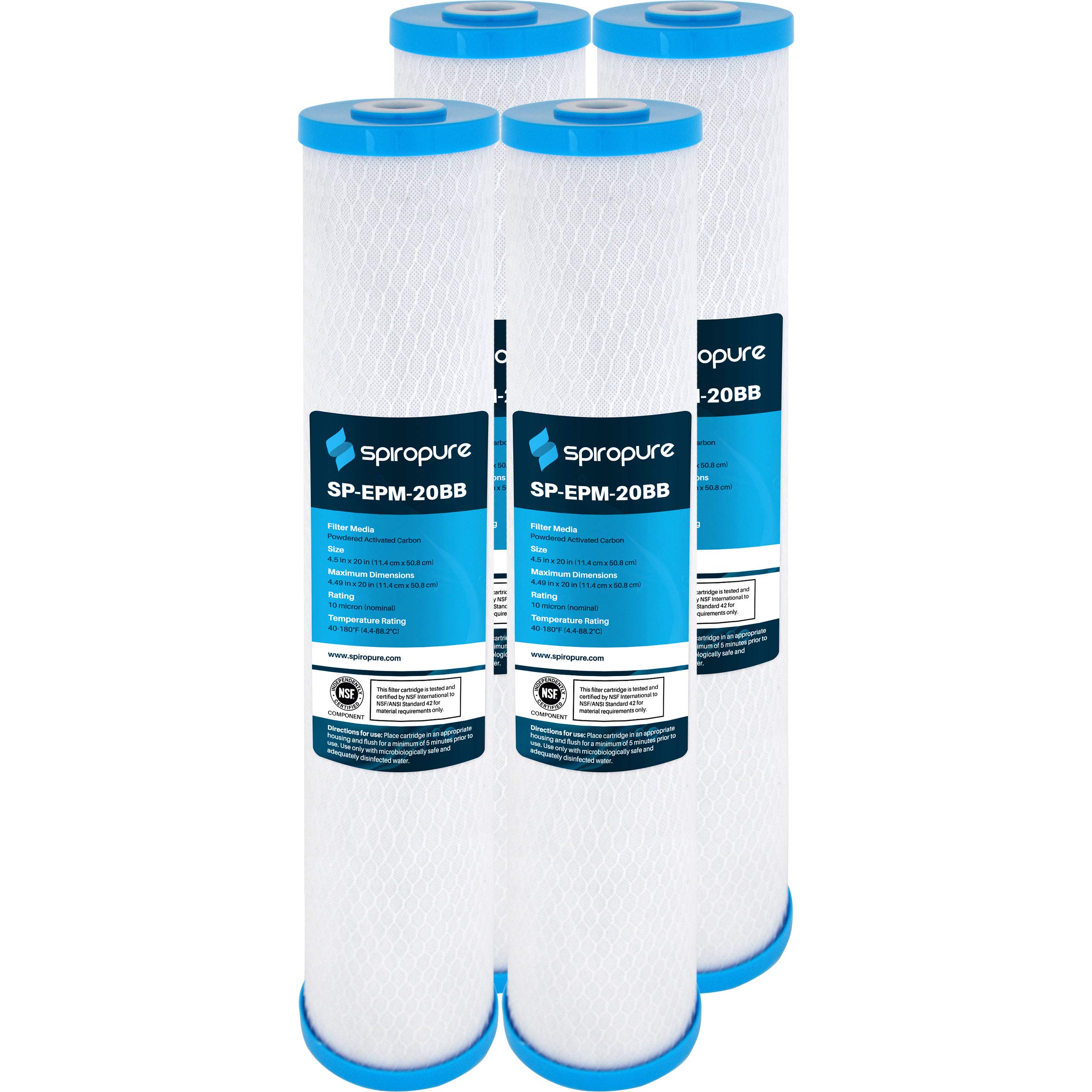 SpiroPure SP-EPM-20BB 20x4.5 Inch 10 Micron NSF Certified Coconut Shell Carbon Block Water Filter Cartridge - Case of 4 - Perfect for Under Sink, Refrigerator, and Whole House Water Filtration Systems