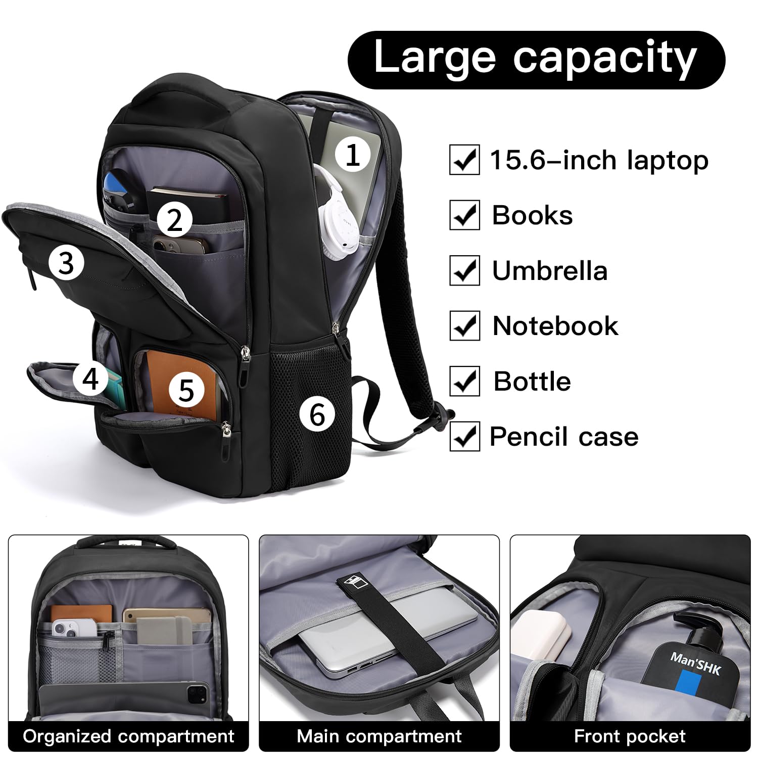 FUTURE AESTHETICS Unisex Waterproof Travel Backpack - Durable College Hiking Business Carry On Backpack for Women & Men (Black) - Perfect for Commuting, Outdoor Adventures & Work Travel