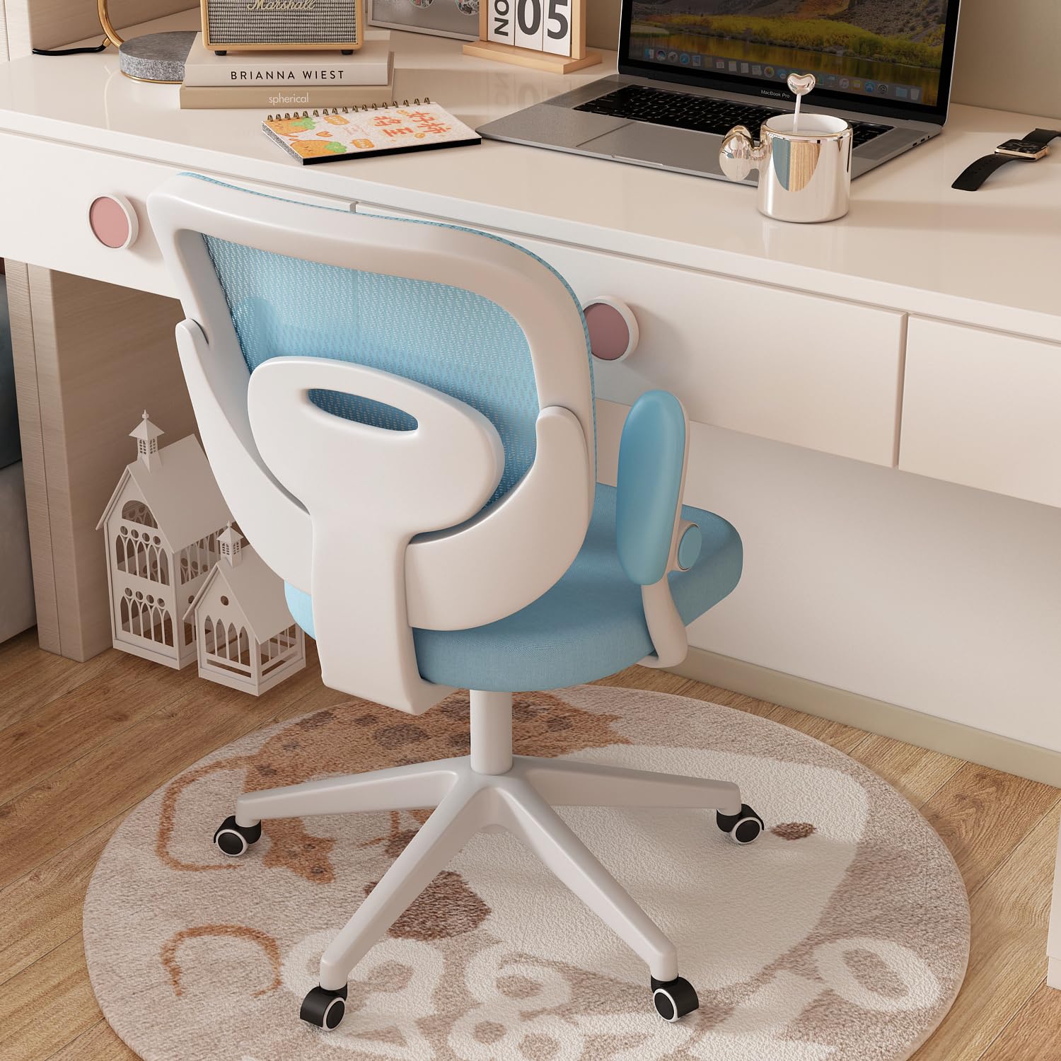 Adjustable Armrest Kids Desk Chair with Wheels - Ergonomic Study & Computer Chair for Boys & Girls - Perfect for Home Office, Online Learning & Gaming (Blue)