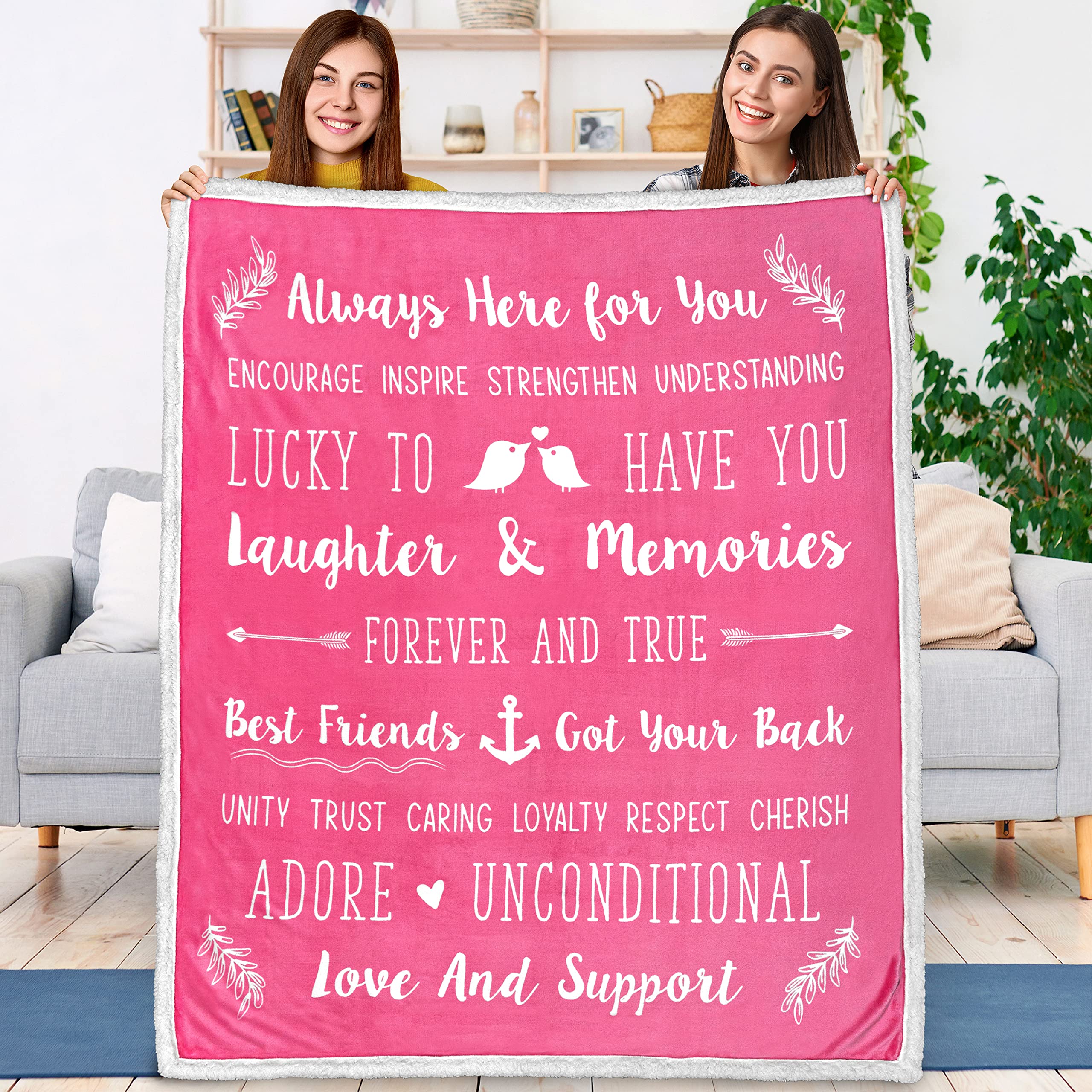 PAVILIA Best Friend Blanket - Soft Cozy Sherpa Throw Blanket with Inspirational Quotes | Thoughtful Friendship Gifts for Women, Birthday Present for Soul Sister & Long Distance Bestie | Perfect for Movie Nights, Sleepovers & BFF Gift Giving (Pink)
