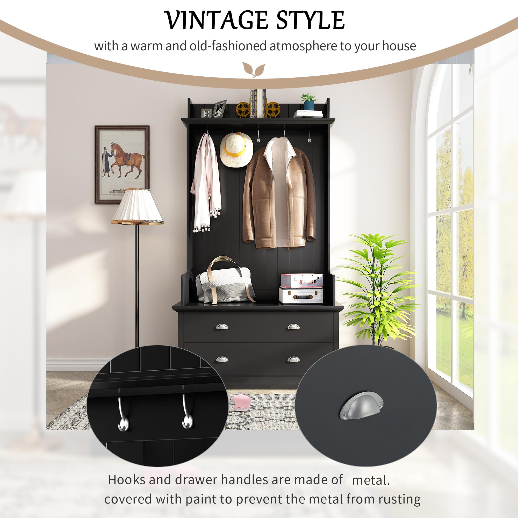 Polibi Hall Tree Storage Bench with 5 Metal Hooks & 2 Large Drawers - Entryway Coat Rack Organizer with Metal Handles, Black - Perfect for Mudroom, Foyer & Small Space Organization