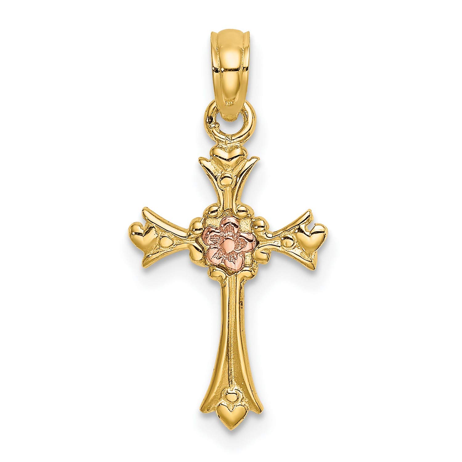 14K Yellow Two-Tone Gold Cross Flower Charm Pendant - Elegant Religious Jewelry for Women, Perfect for Gifts, Weddings & Everyday Wear
