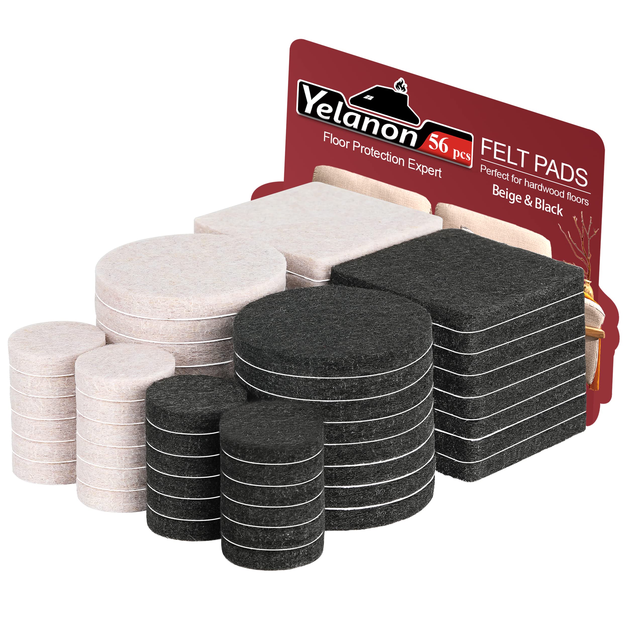 Yelanon Felt Furniture Pads - 56 Pcs (1+2 Inch) Premium Non-Slip Chair Leg Protectors for Hardwood Floors - Beige & Black - Protect Floors from Scratches & Reduce Noise for Home, Office & Dining Room Furniture