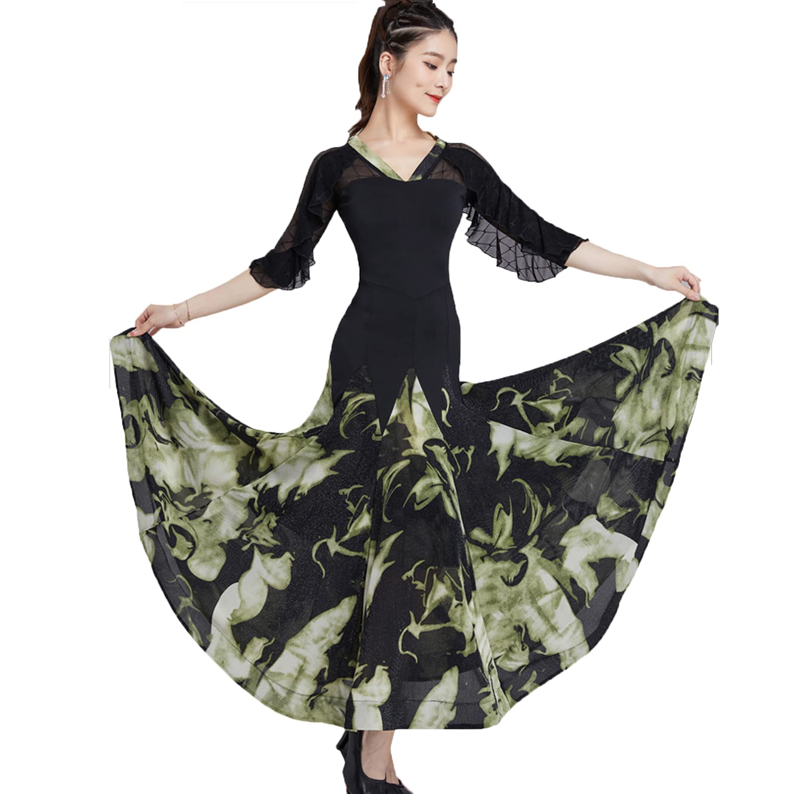 Elegant Ballroom Dance Dresses for Women - Medium Sleeve Tango Foxtrot Waltz Performance Outfit with V-Neck & Flowy Skirt | Perfect for Competition, Showcase & Social Dancing Events