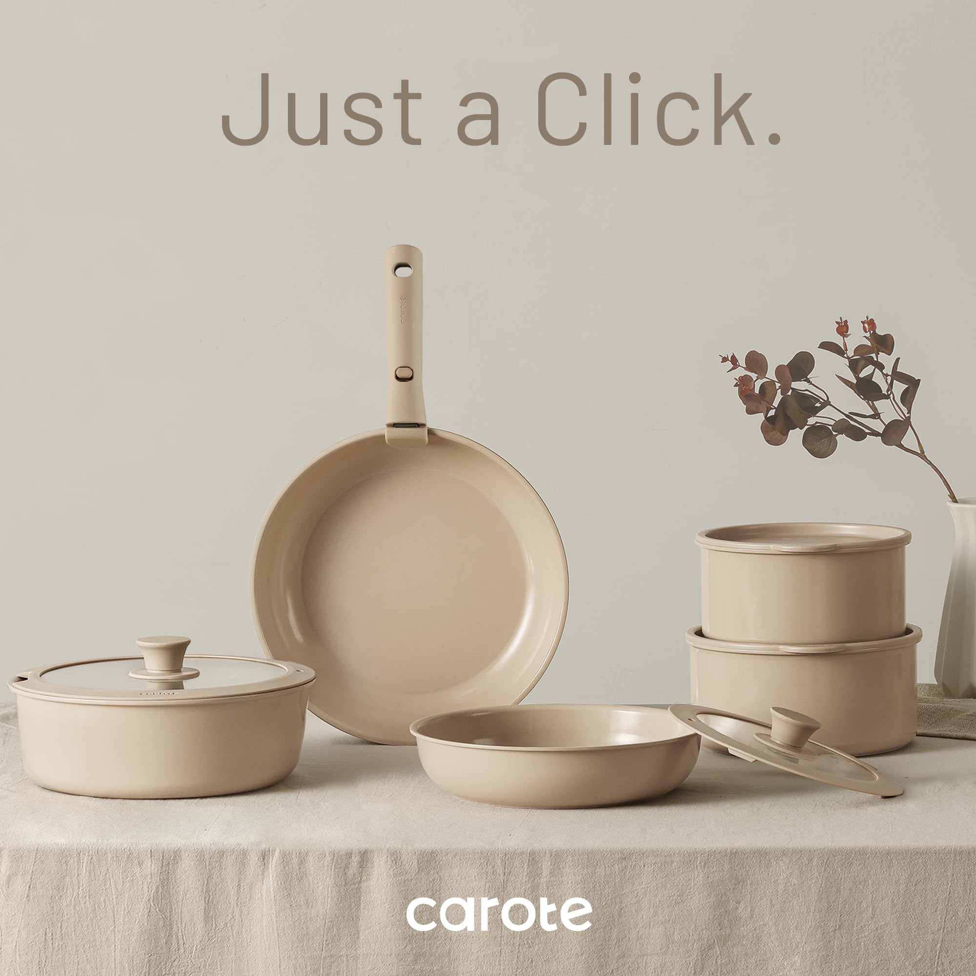 CAROTE 15-Piece Ceramic Nonstick Cookware Set - Induction Compatible Pots and Pans with Detachable Handles, Oven & Dishwasher Safe, Taupe - Perfect for RV, Apartment & Small Space Cooking
