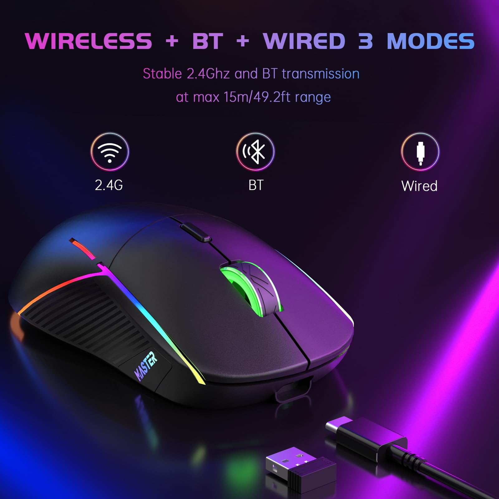 FFJ Wireless Gaming Mouse - 24000 DPI Tri-Mode RGB Gaming Mouse with 2.4G/USB-C/Bluetooth 5.3, 75H Battery Life, Rechargeable Ergonomic Mouse for PC, Mac, PS5, Xbox (Black) - Perfect for FPS, MOBA & Esports Gaming