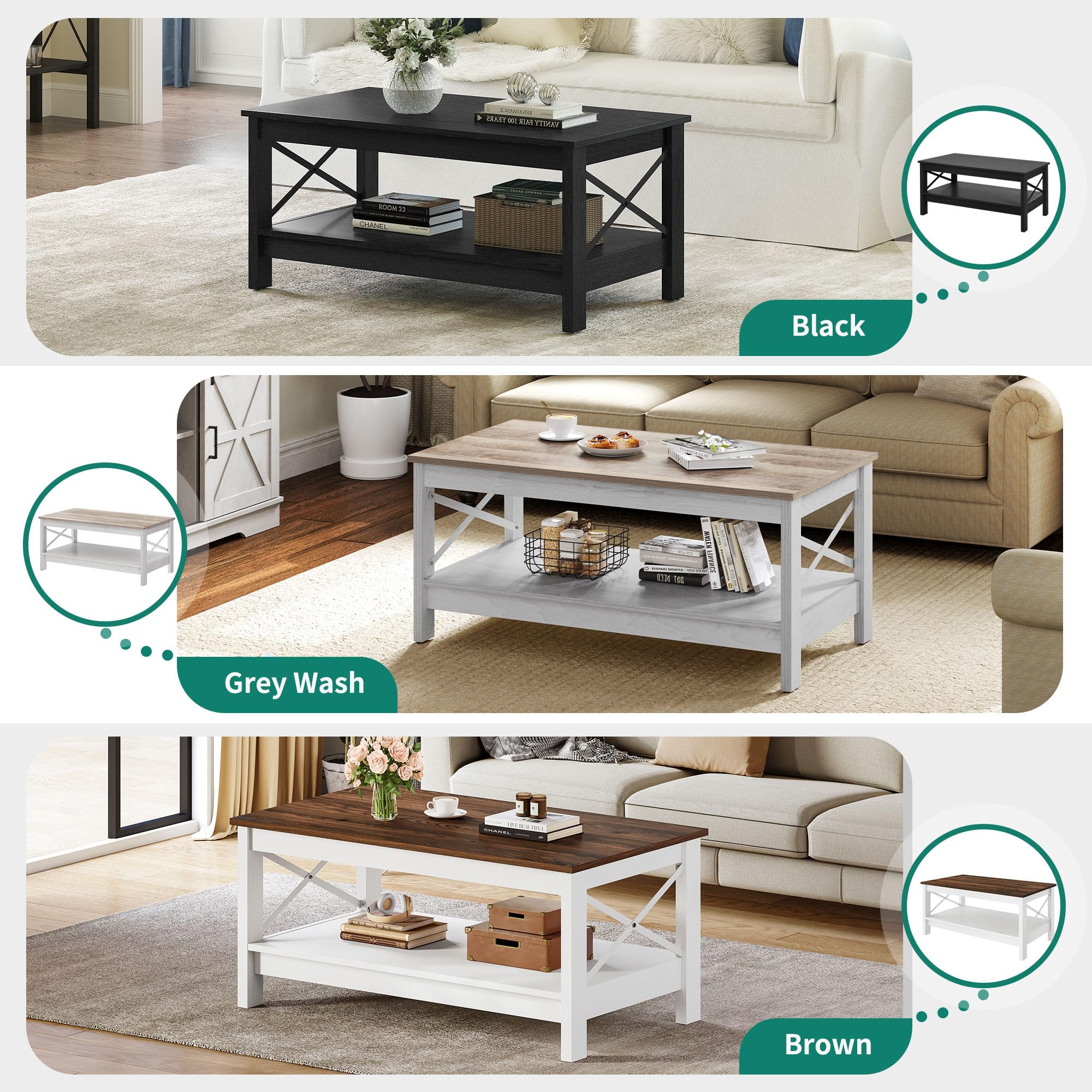Modern Farmhouse Coffee Table with Storage - 2-Tier Wooden Living Room Center Table, Grey Wash, Sturdy Frame | Accent Cocktail Table for Living Room, Farmhouse Decor, Small Space Furniture