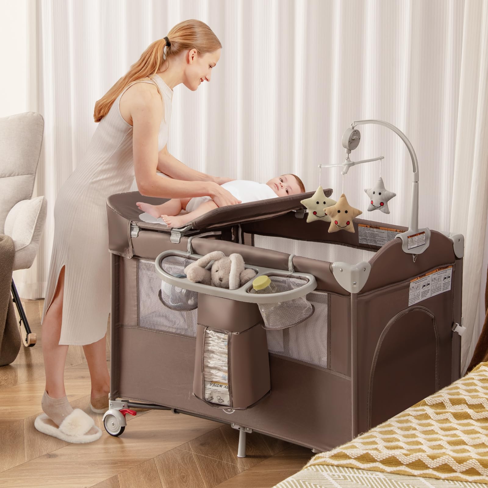 BABY JOY 5-in-1 Portable Baby Playard with Bassinet & Diaper Changer | Safe Bedside Sleeper for Newborn to Toddler | U-Shaped Changing Station, Side Zipper Entrance & Safety Strap | Coffee | Perfect for Nursery, Travel & Co-Sleeping