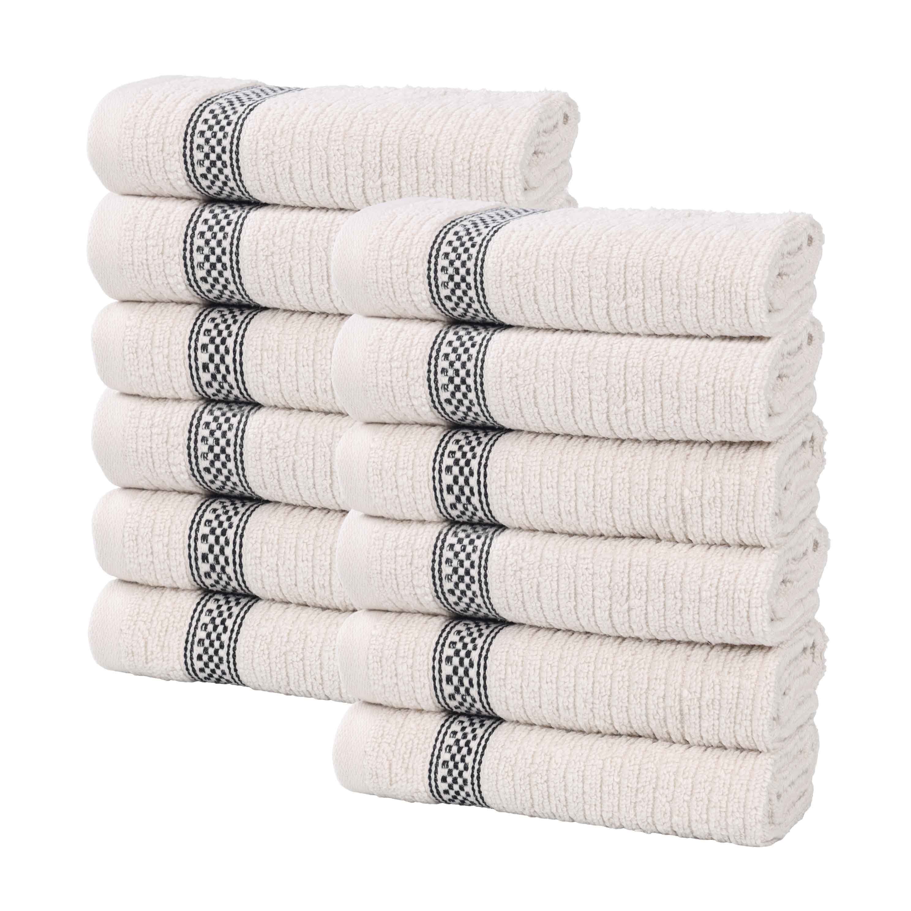 12-Pack Zero Twist Cotton Ribbed Geometric Border Plush Face Towels | Soft & Absorbent Bath & Hand Towels for Spa, Gym, Travel & Home Use
