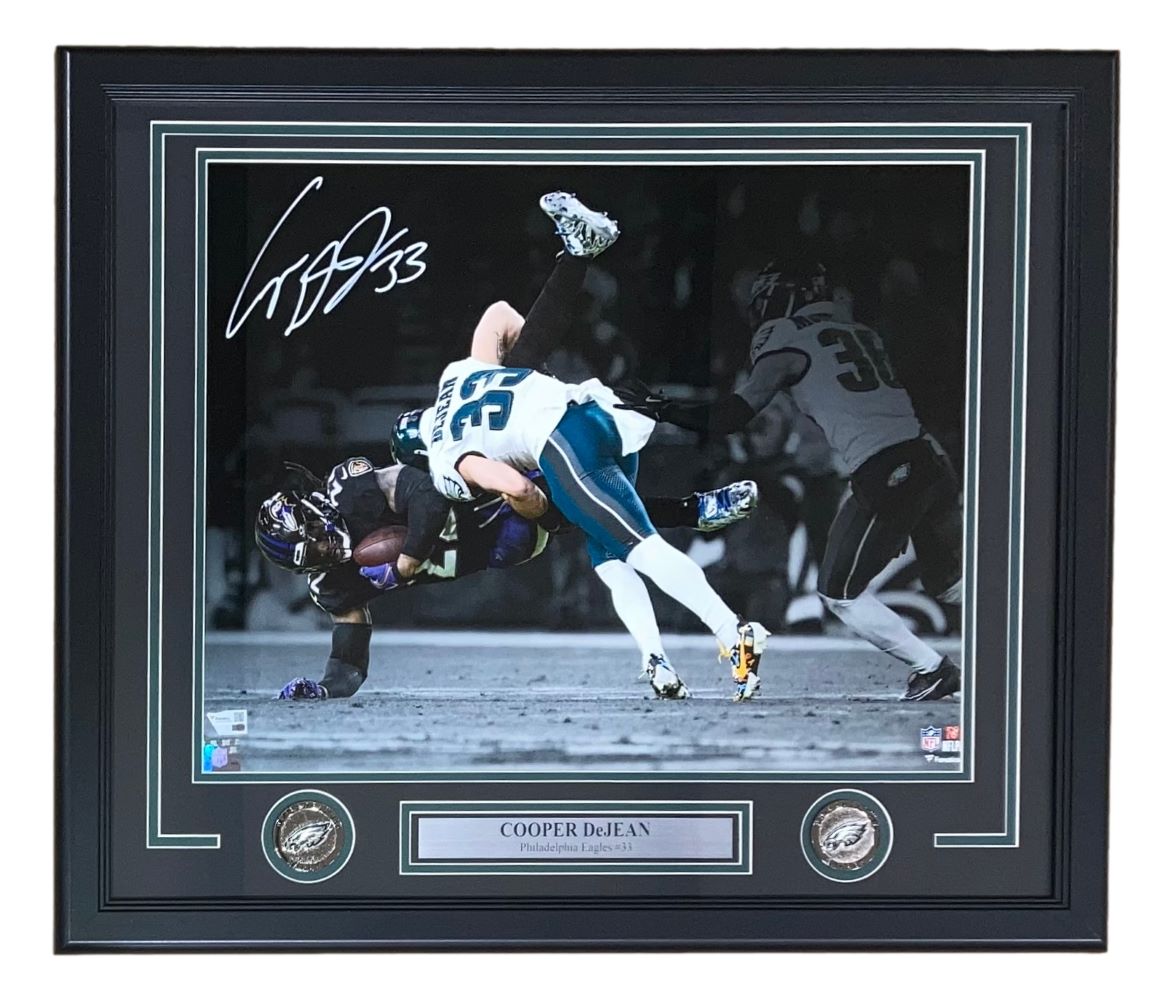 Cooper DeJean Autographed Signed Framed 16x20 Eagles vs D Henry Photo - Limited Edition Collectible for Eagles Fans & NFL Memorabilia Enthusiasts - Perfect for Man Cave, Sports Room, or Gift