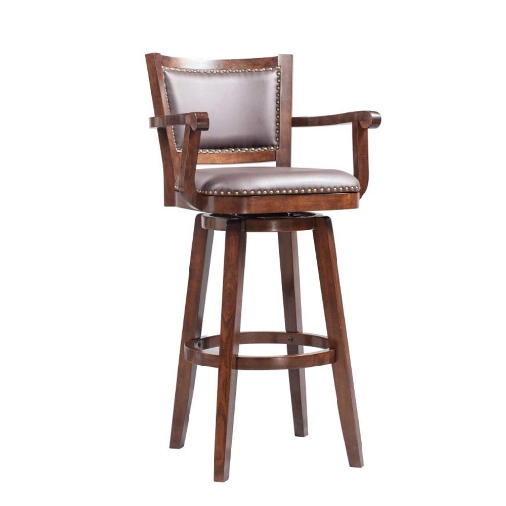 Benjara Dark Brown Faux Leather Upholstered Barstool with Wooden Arms & Nailhead Trim - Modern Kitchen Island, Breakfast Bar & Home Pub Stool for Dining & Entertaining