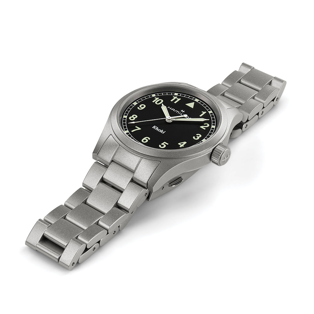 Khaki Field Quartz 38mm Black Watch with White Numerals on Stainless Steel Bracelet - Perfect for Outdoor Adventures and Casual Wear