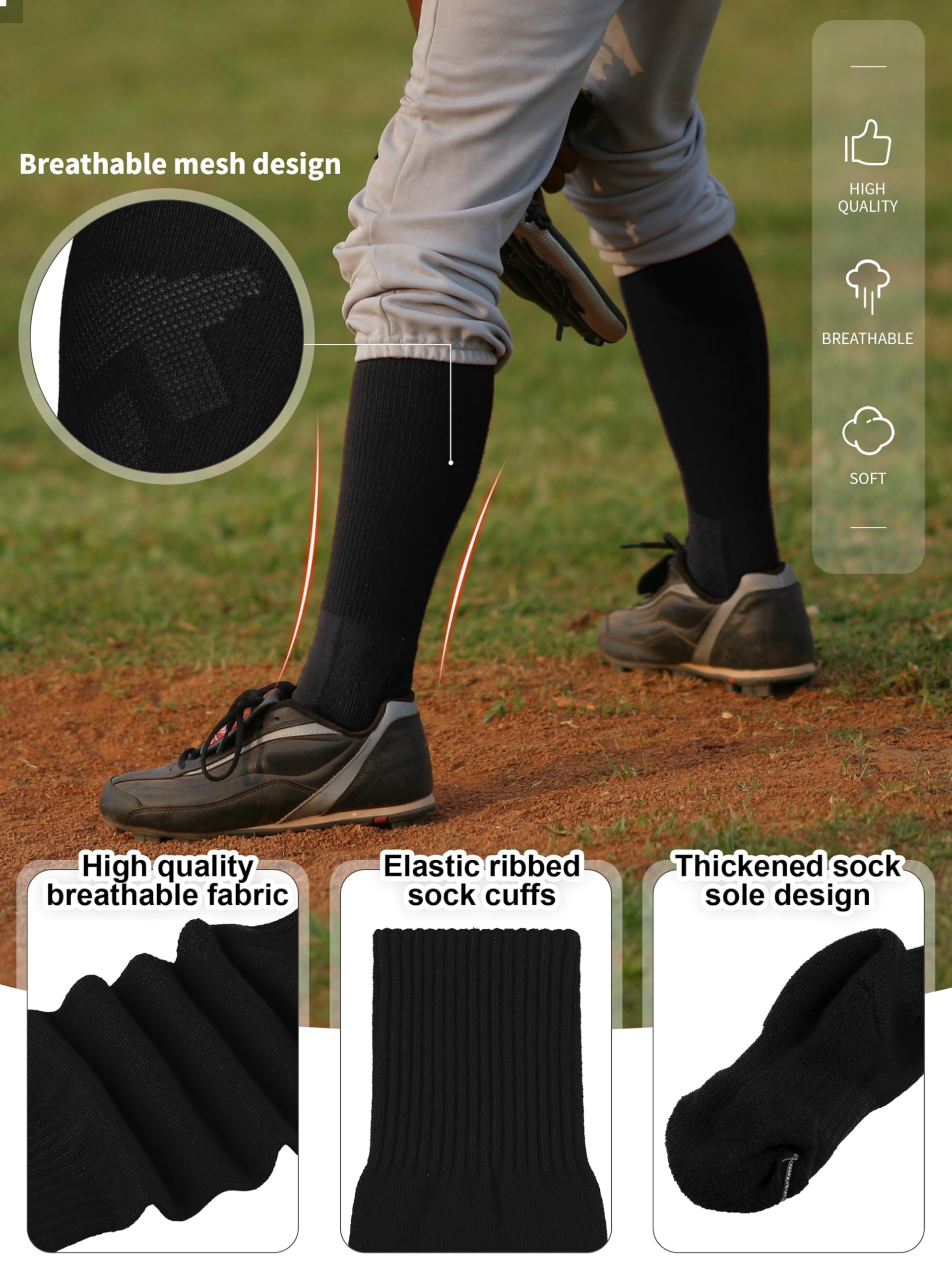2 Pairs Baseball Socks with Adjustable Belt - Cotton Youth Baseball & Softball Socks for Boys & Girls - Perfect for Games, Practice & Team Uniforms