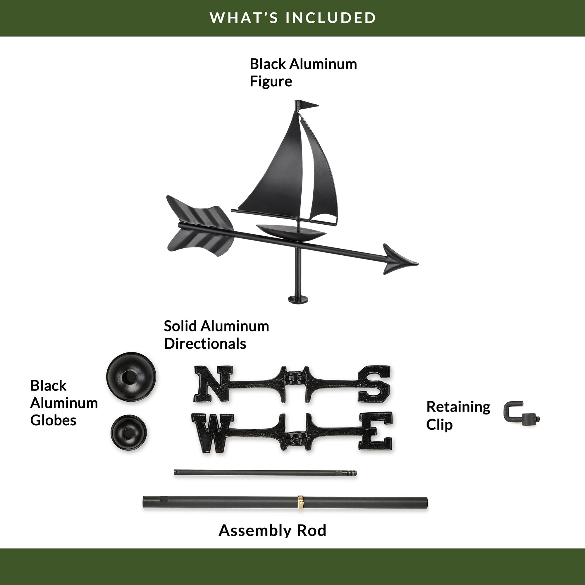 Black Aluminum Sailboat Cottage Weathervane - Nautical Home & Garden Decor for Coastal Houses, Beach Cottages, and Lakeside Cabins