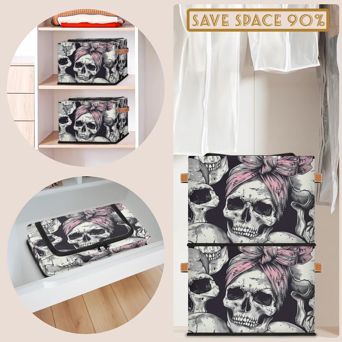 Skull Hair Band Storage Bins with Zipper Lid - 2pcs Stackable Closet Organizer Baskets with Metal Frame & PU Handles - Perfect for Clothes, Toys, and Home Organization