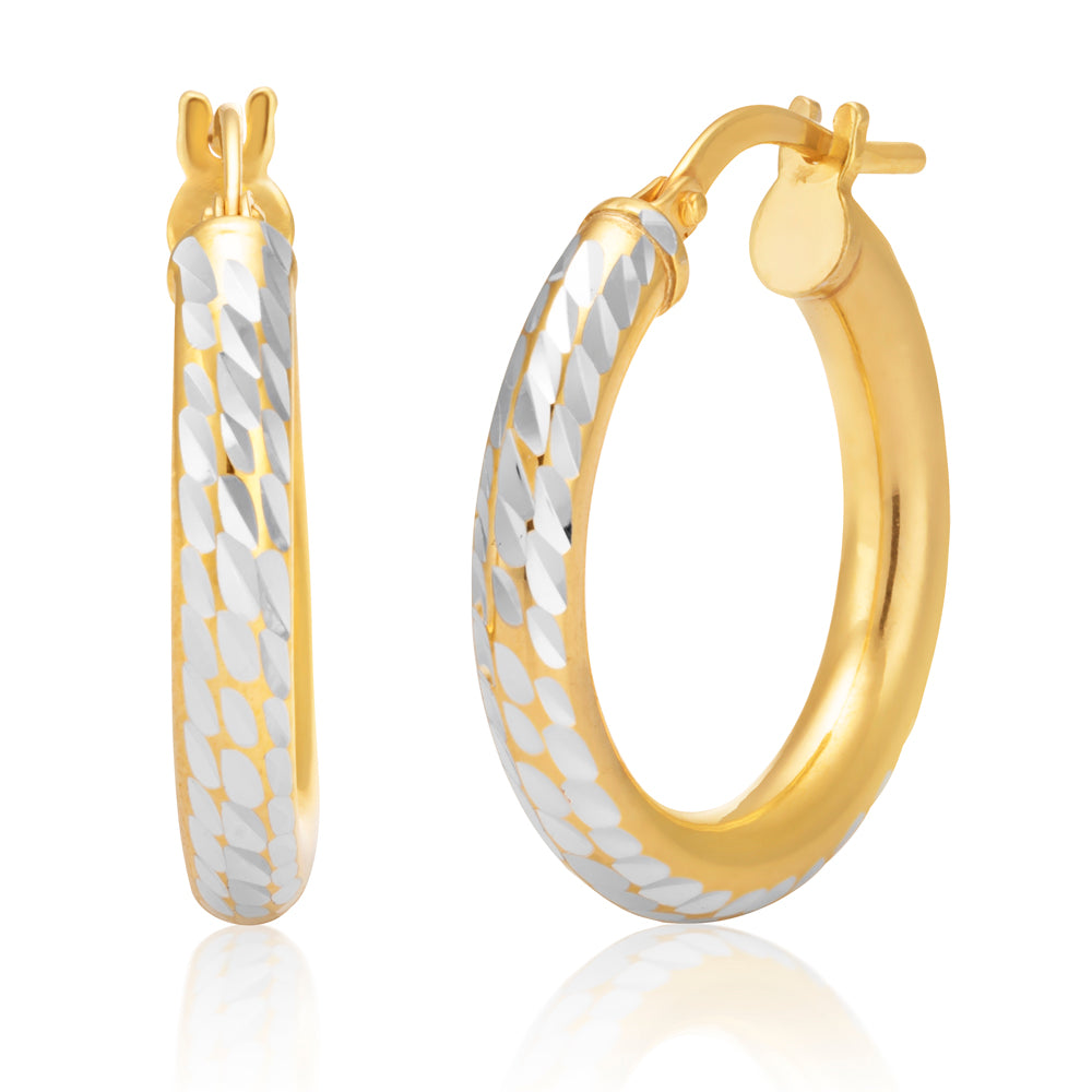9ct Two Tone Gold Filled 15mm Diamond Cut Hoop Earrings for Women - Elegant Everyday Jewelry Gift for Her - Perfect for Parties, Weddings & Special Occasions