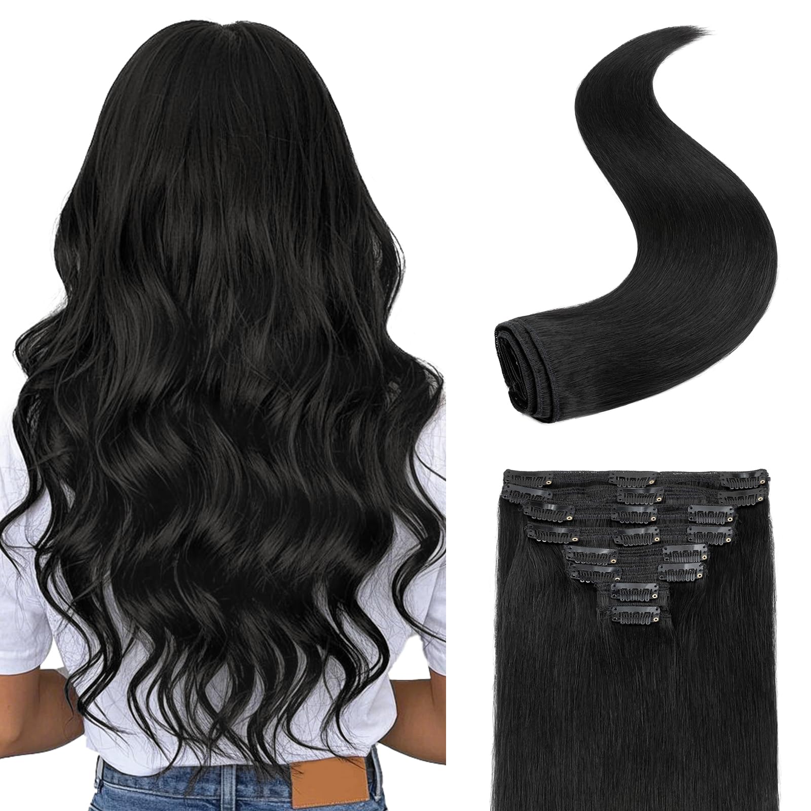 S-noilite Clip in Hair Extensions 18 Inch 8pcs - 100% Real Human Hair, Jet Black, Double Weft, Straight Style (140g) - Perfect for Volume, Length & Styling for Parties, Weddings & Daily Wear #1