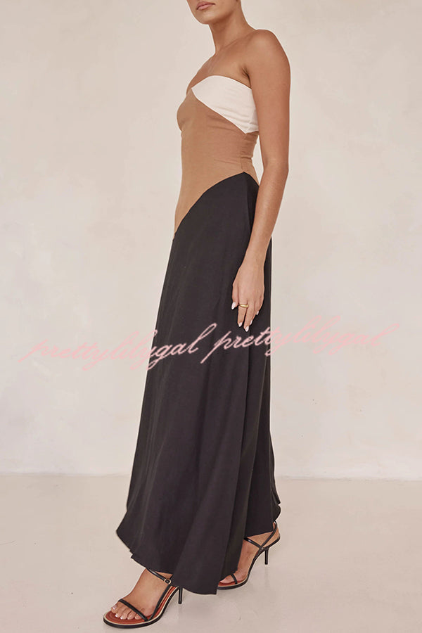 Calissa Asymmetrical Color Block Strapless Pocketed A-Line Maxi Dress for Women - Perfect for Beach Vacations, Summer Parties & Formal Events