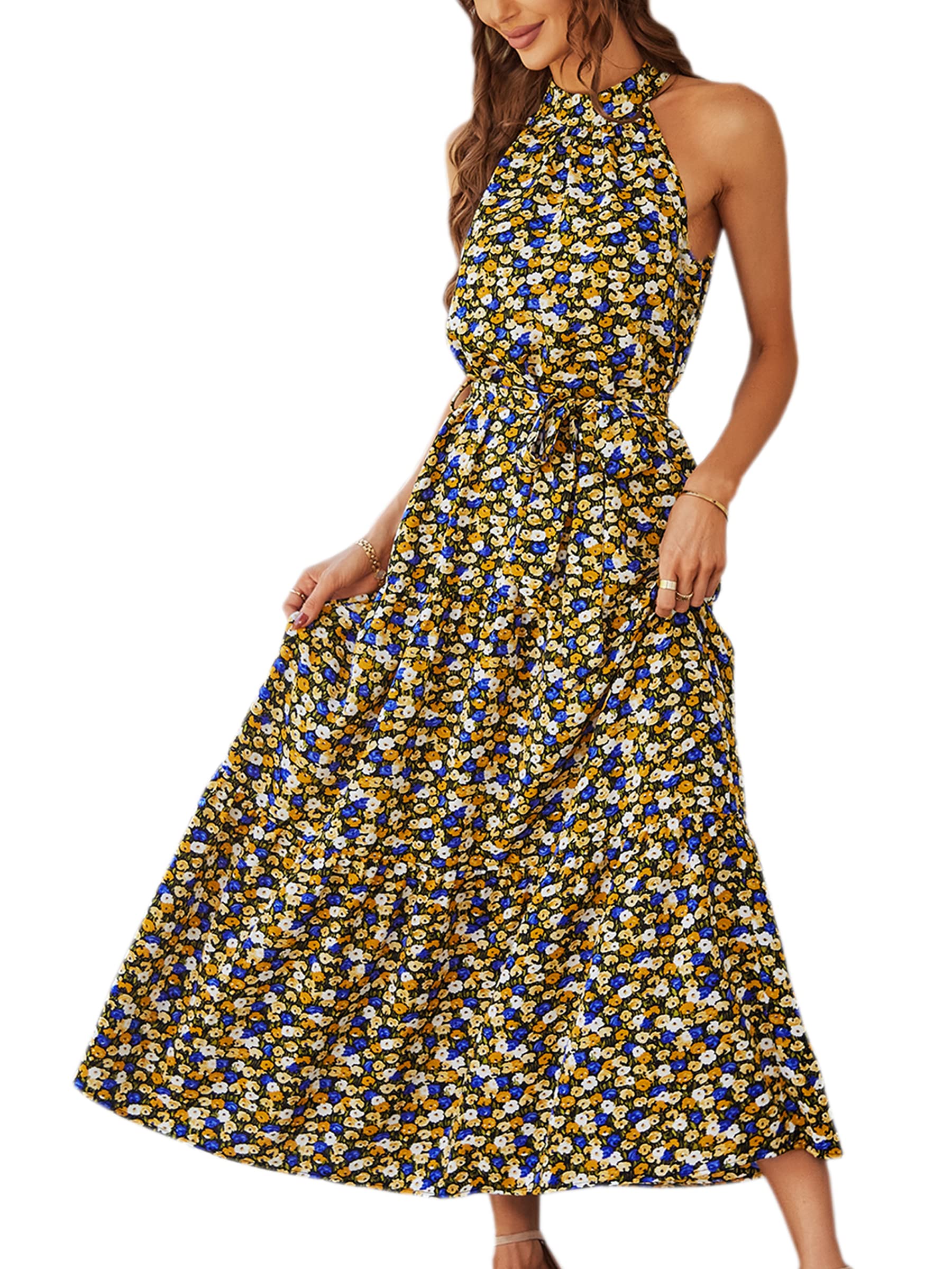 ECOWISH Women's Boho Floral Print Halter Neck Backless Maxi Dress - Sleeveless Summer Beach Dress for Vacation, Party & Casual Wear
