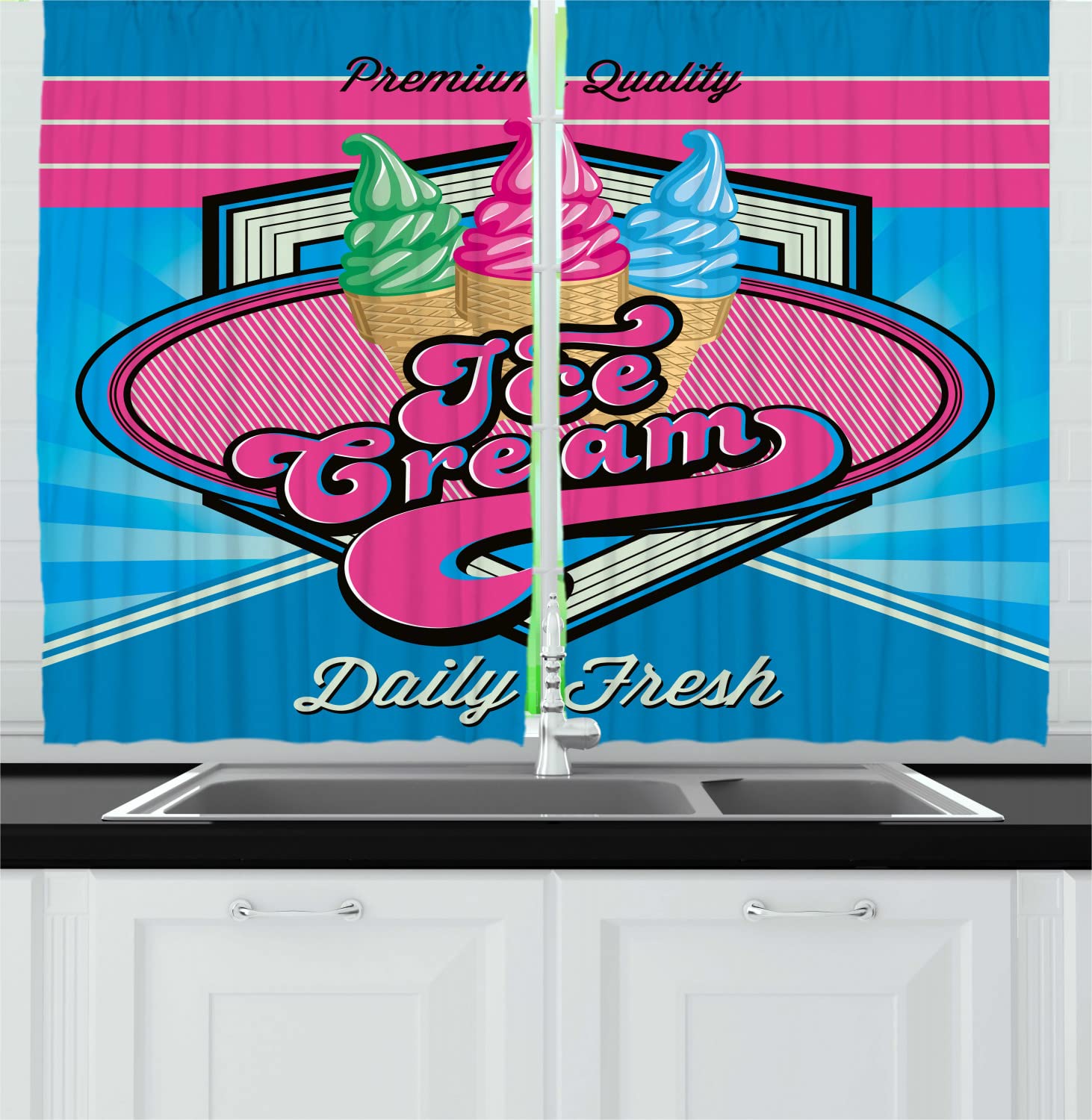 Ambesonne Vintage Long Kitchen Curtains - Ice Cream Print Drapes with Rod Pocket, 55