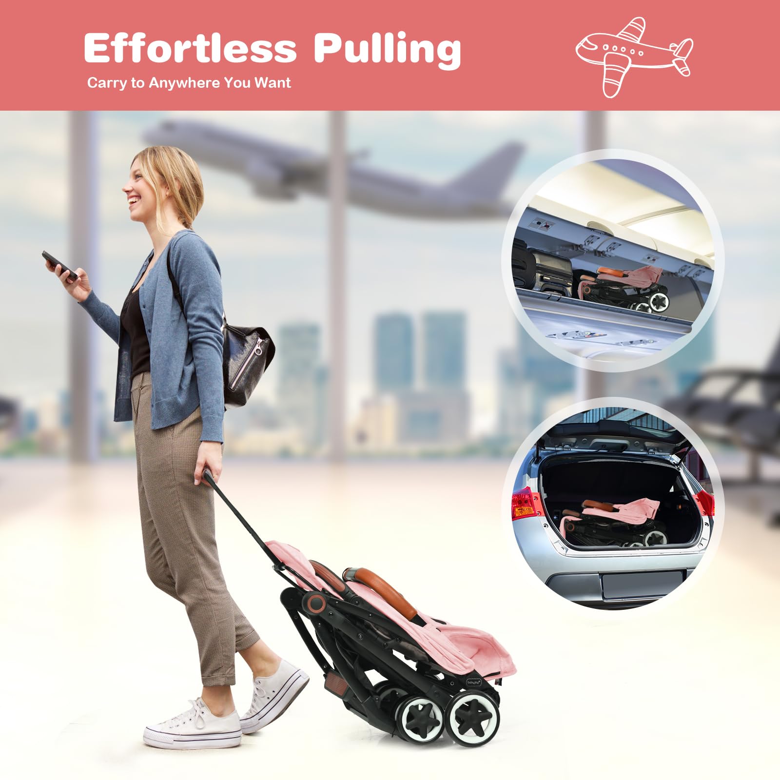 BABY JOY Lightweight Compact Baby Stroller for Travel - Airplane Approved Infant Stroller with 5-Point Safety Harness, Adjustable Backrest & Canopy, Large Storage Basket - Easy One-Hand Fold (Pink) | Perfect for Air Travel, Shopping, and Everyday Walks with Your Toddler