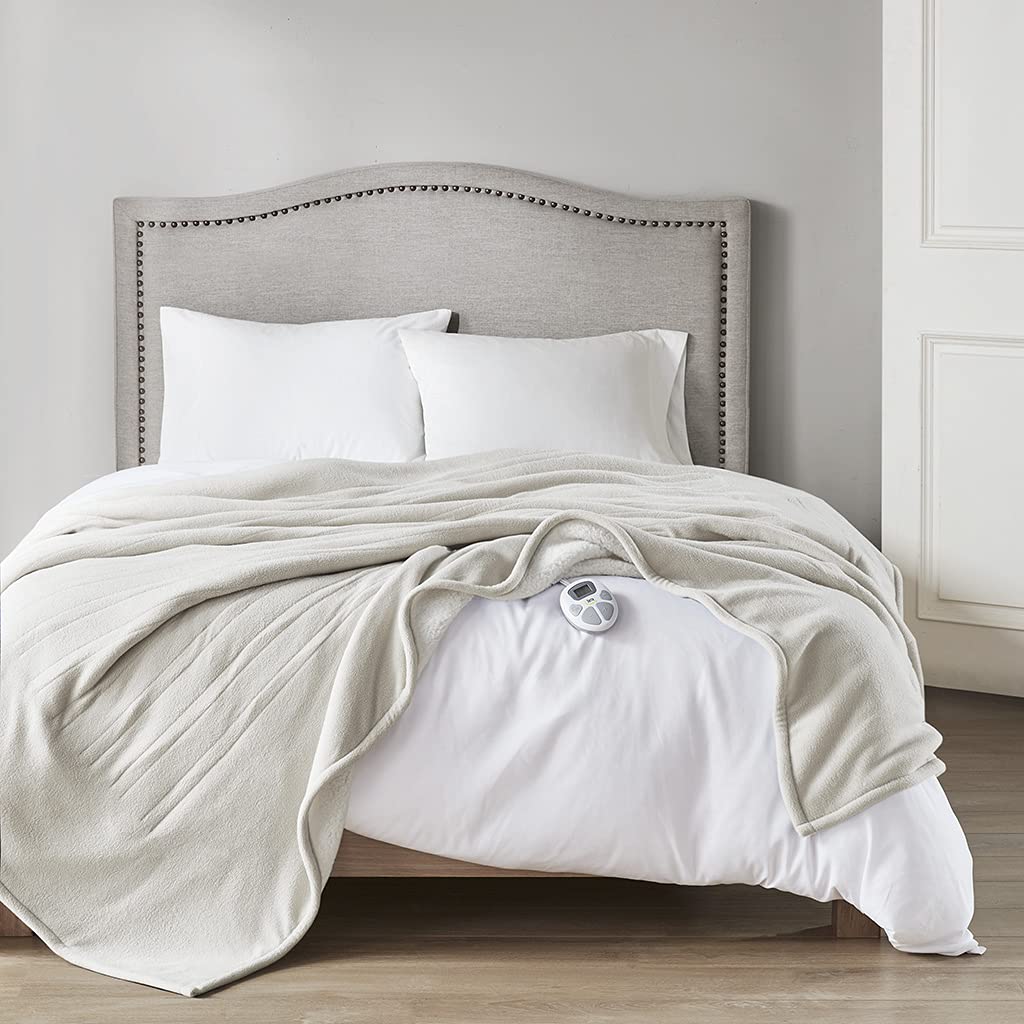 Serta Reversible Fleece to Sherpa Electric Blanket - Fast Heating with Auto Shut Off Timer & Multi Heat Settings - ETL Certified, Machine Washable - Tan Twin 84