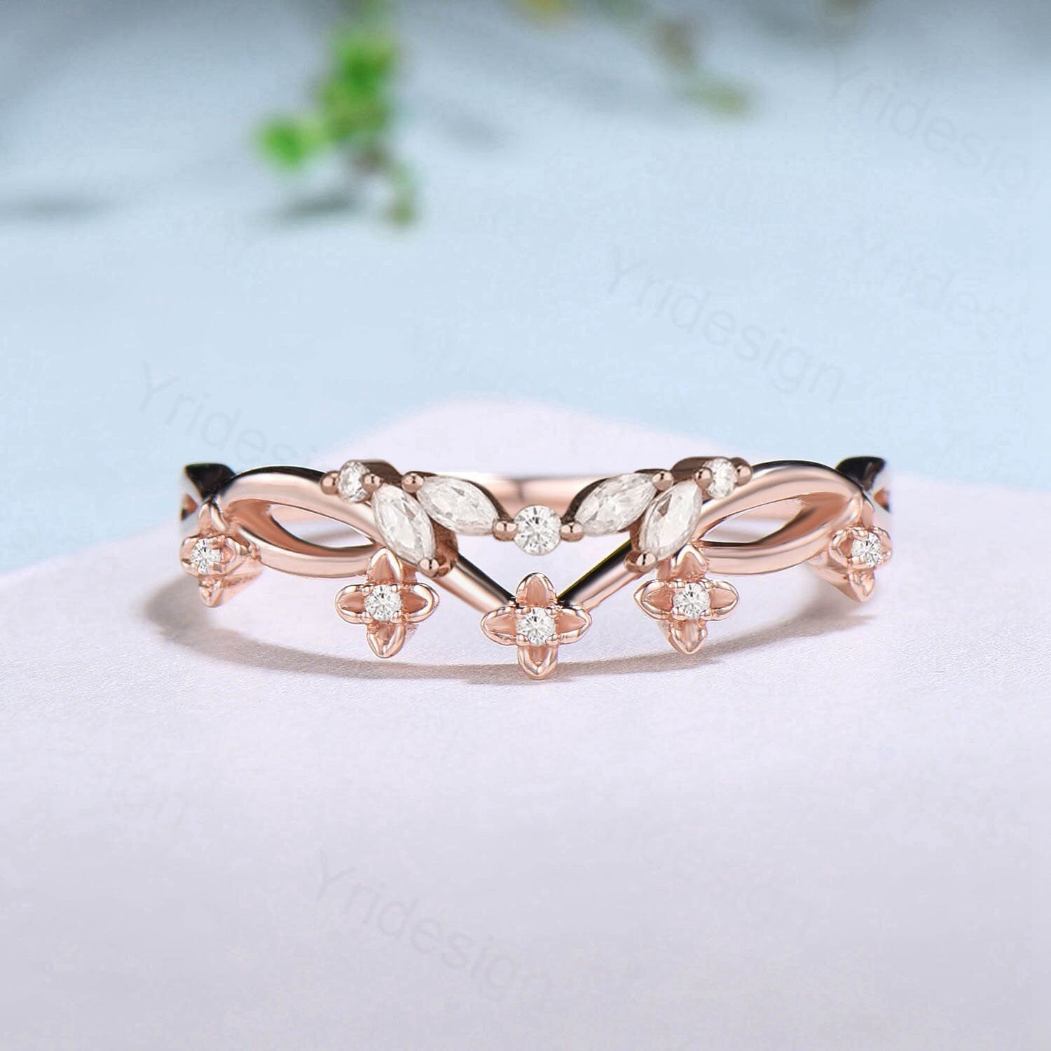 Antique Marquise Moissanite Diamond Wedding Band - Rose Gold Stackable Bridal Ring for Anniversary, Engagement & Stacking - Unique Jewelry Gift for Her