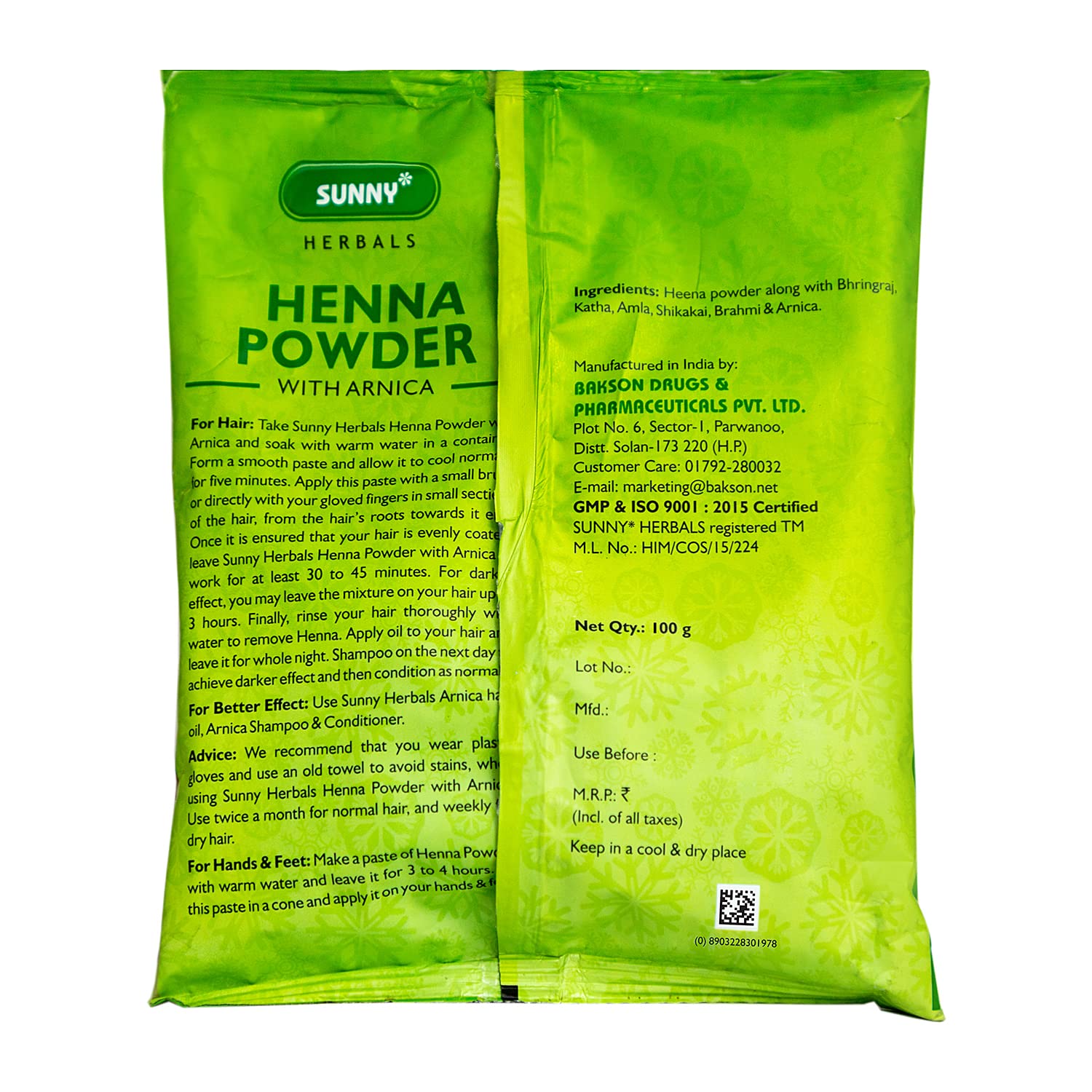 Natural Sunny Henna Powder with Arnica, Bhringraj, Amla & Brahmi – Hair Conditioner for Dry Hair | Safe for Hands & Feet | 100g (Pack of 4) | Perfect for DIY Hair Coloring, Mehndi Art & Natural Beauty Treatments
