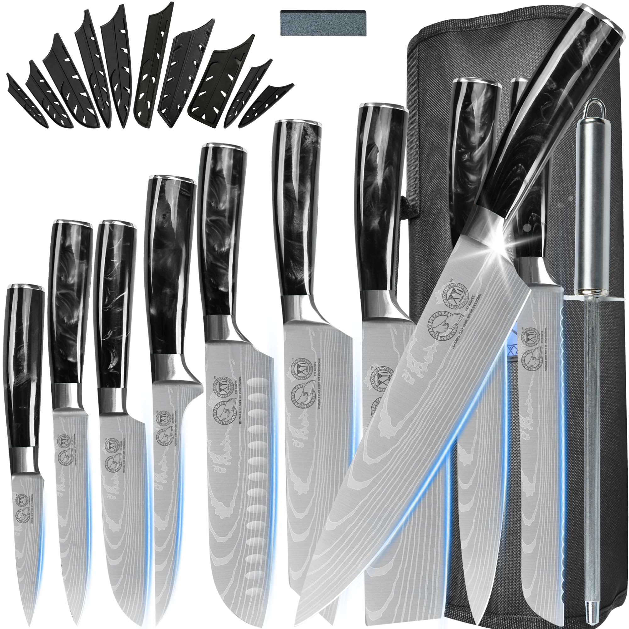 XYJ Authentic Since 1986 - 10-Piece Japanese Chef Knife Set with Sharpener, Steel Roll Bag & Sheath - Professional Stainless Steel Kitchen Cutlery for Cooking, Slicing & Paring - Perfect for Home Chefs & Culinary Enthusiasts