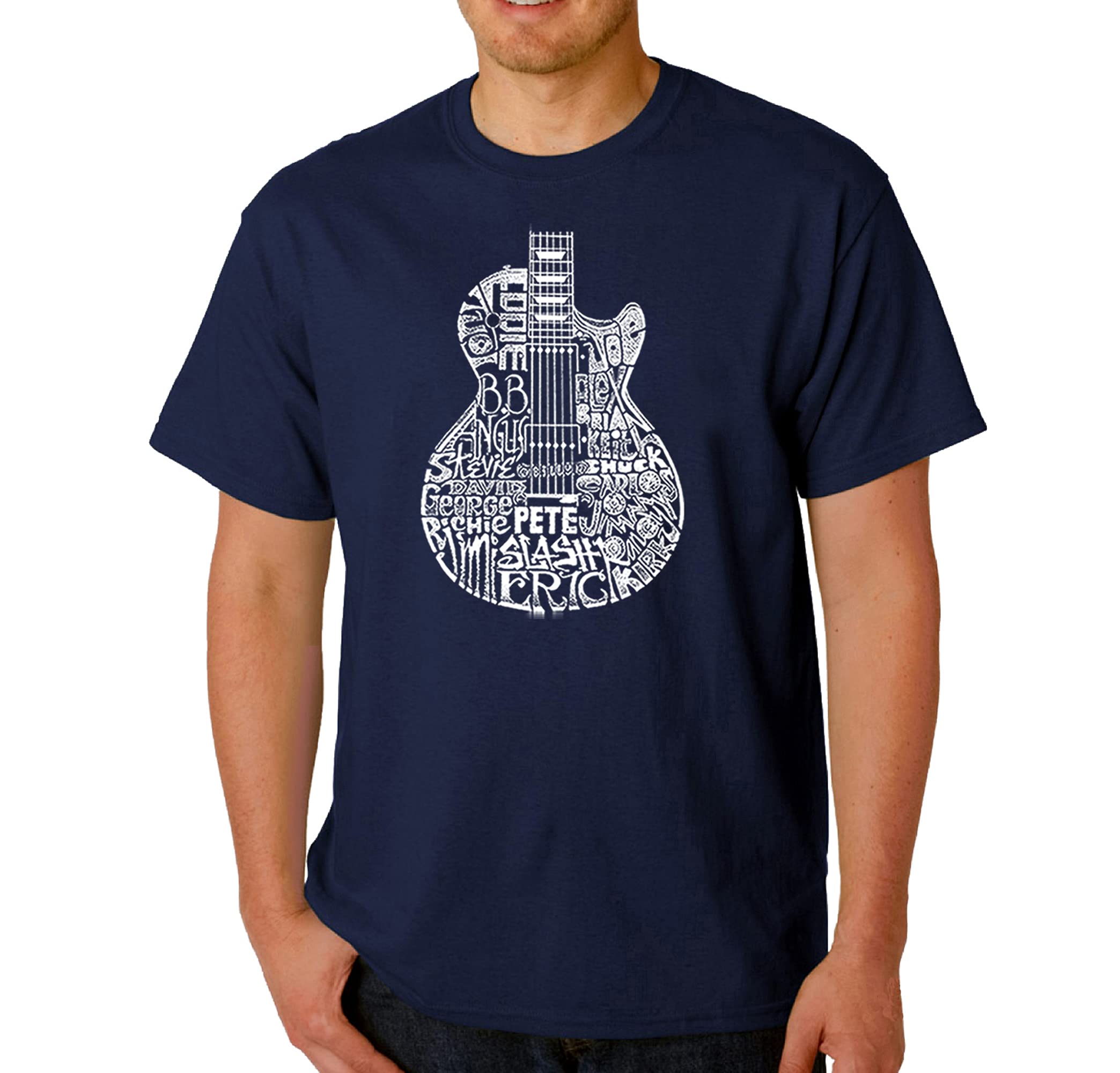 LA POP ART Men's Word Art Graphic T-Shirt - Rock Guitar Head Design | Casual Streetwear for Music Lovers & Concert Goers