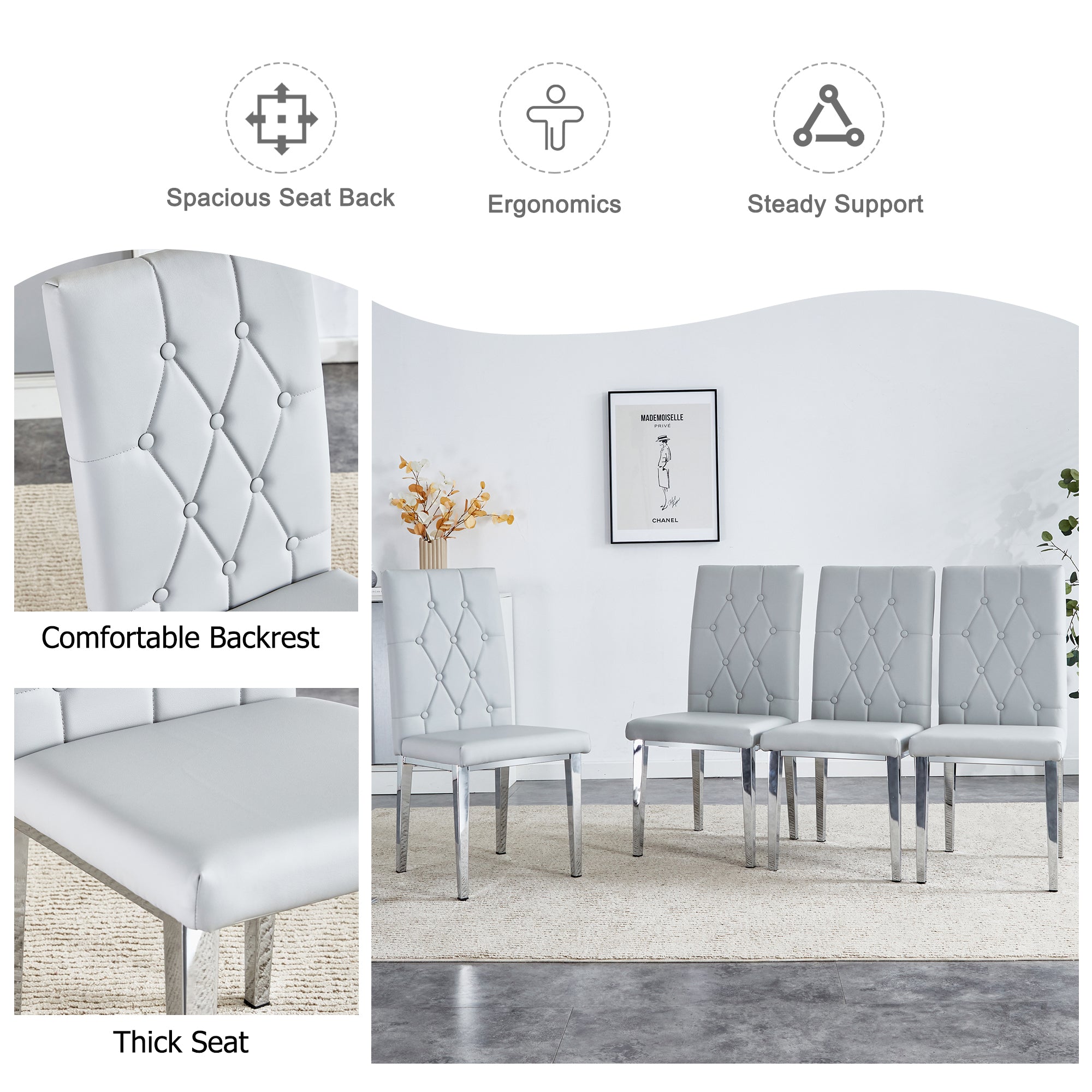 Modern 2-Piece Dining Chairs Set - Light Gray Faux Leather with Checkered Buckle Design for Kitchen, Dining Room & Office - Classic & Contemporary Style Home Furniture for Small Spaces