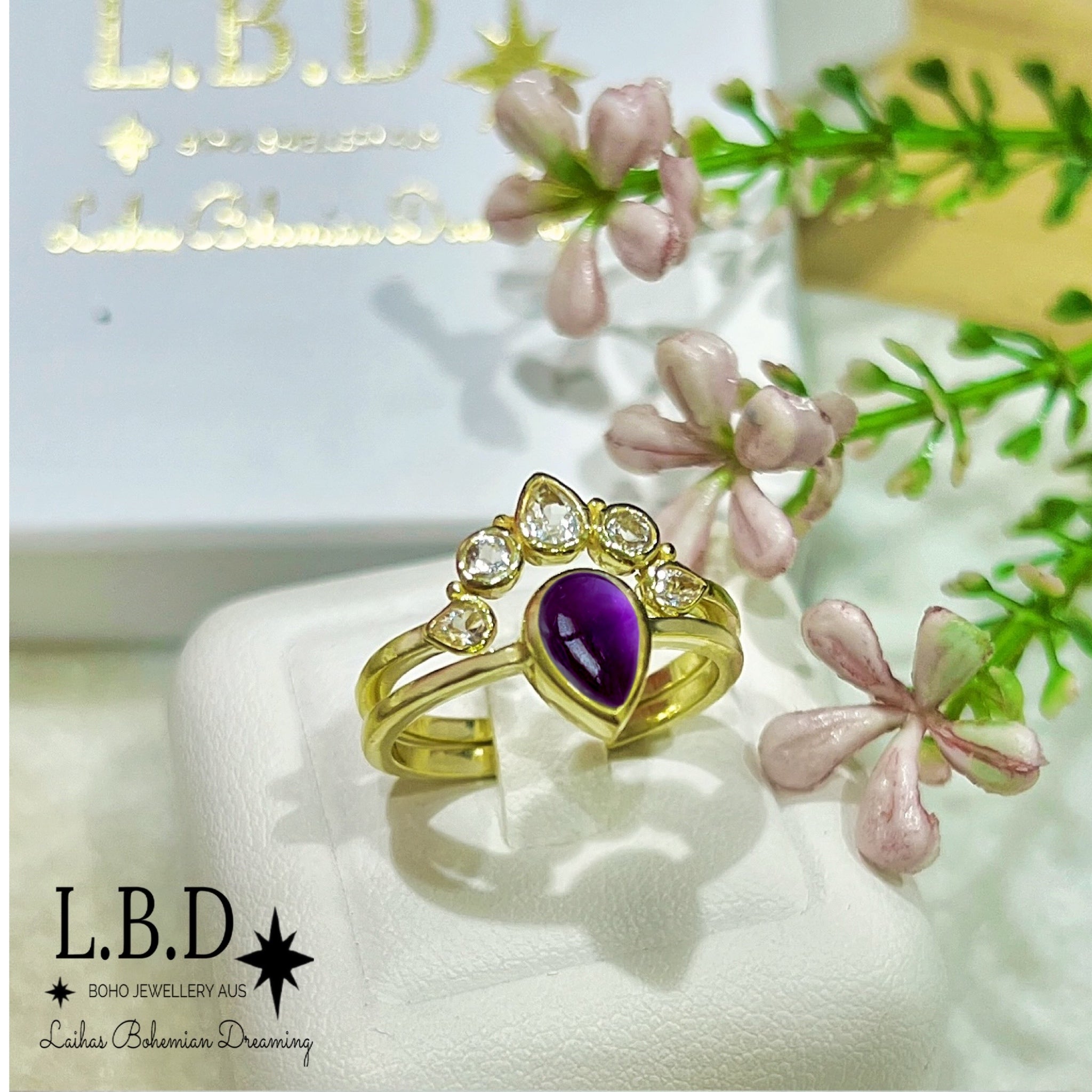 Laihas Queen of Cups Gold Topaz & Amethyst Ring Set | Elegant Gemstone Jewelry for Women | Perfect for Weddings, Parties & Special Occasions