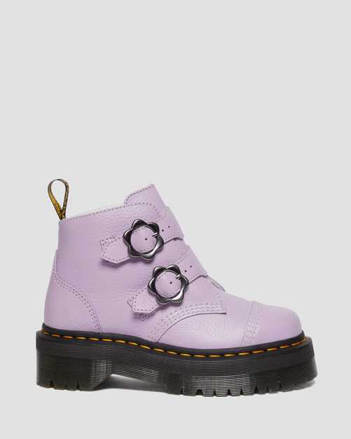 Devon Flower Buckle Leather Platform Boots for Women - Chunky Heel Ankle Booties in Lilac Purple | Stylish Casual & Party Footwear for Fall Winter Outfits