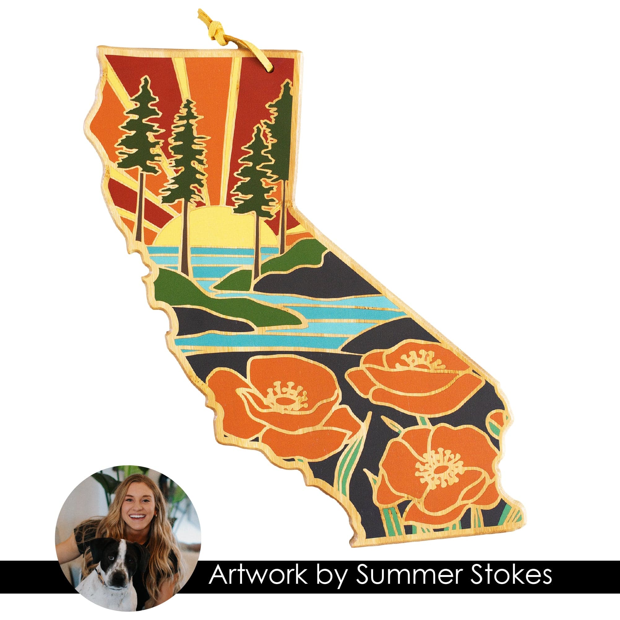 California-Inspired Wooden Cutting Board with Summer Stokes Artwork – Perfect for Kitchen Prep, Charcuterie Boards & Home Decor
