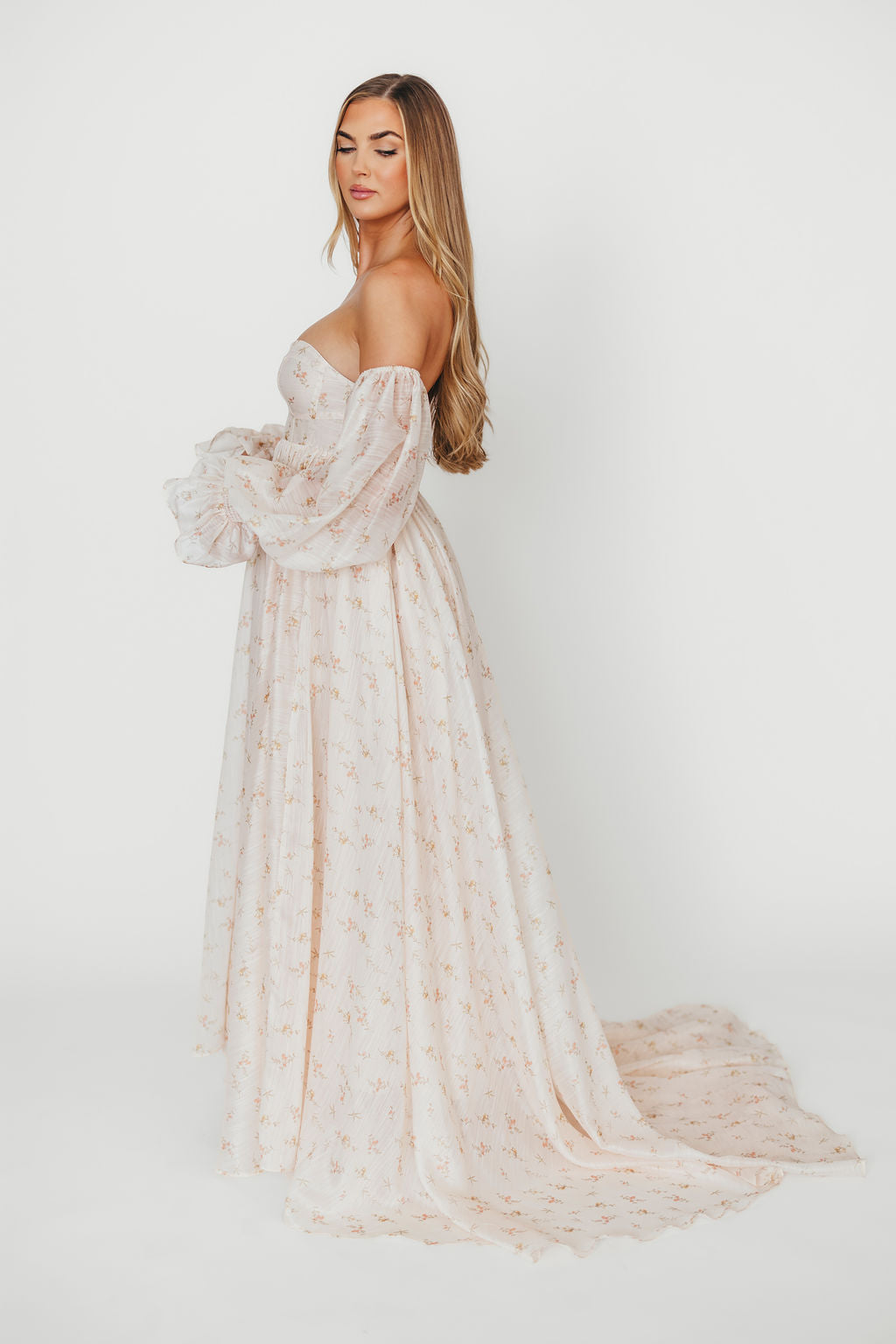 Delilah Maxi Dress with Train in Peach - Bump Friendly Maternity Dress (XS-3XL) for Weddings, Parties & Special Occasions
