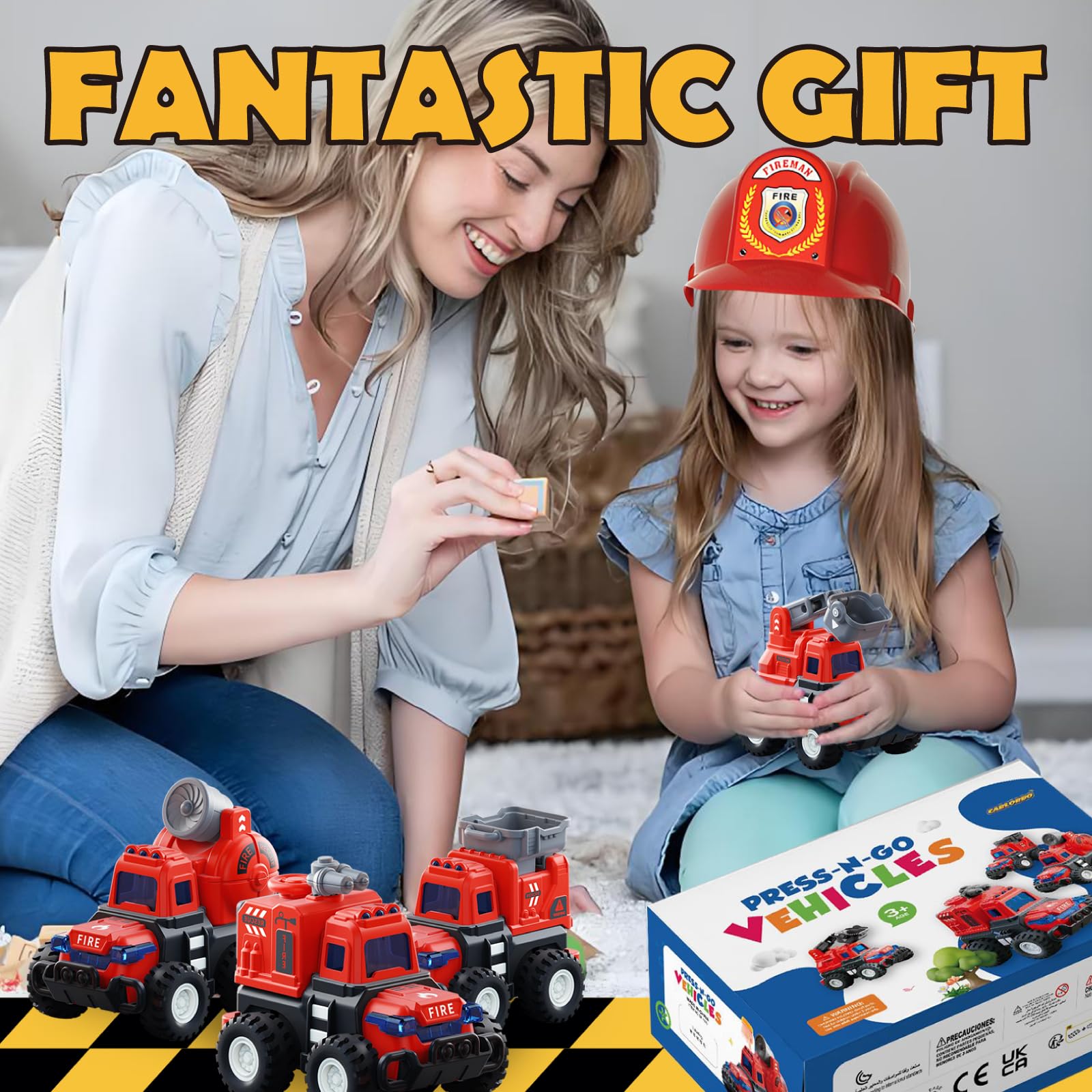 **4-Pack Fire Truck Toy Cars for Toddlers Ages 1-3 | Press N Go & Pull Back Emergency Vehicles for Boys & Girls | Sandbox, Construction Play & Birthday Gifts for 1-3 Year Olds**