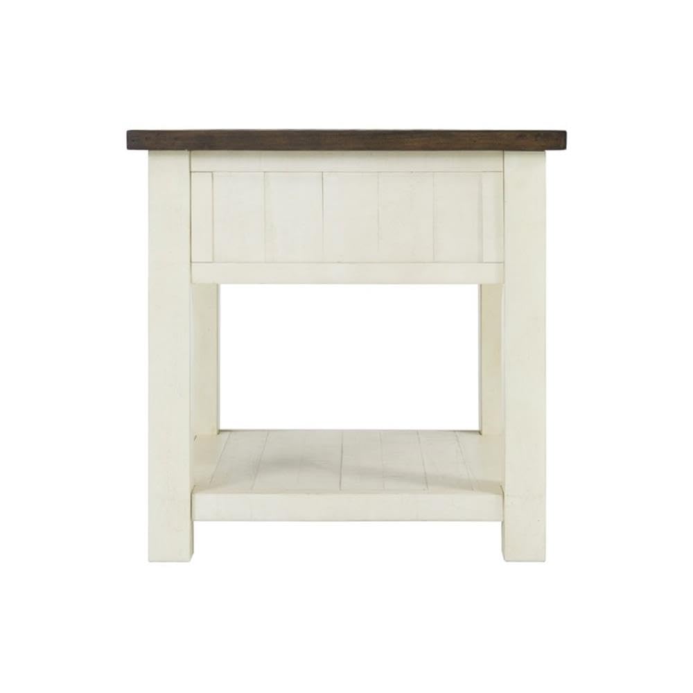 BOWERY HILL Farmhouse Wood 1 Drawer End Table - Cream White & Brown - Rustic Nightstand for Bedroom, Living Room, or Entryway