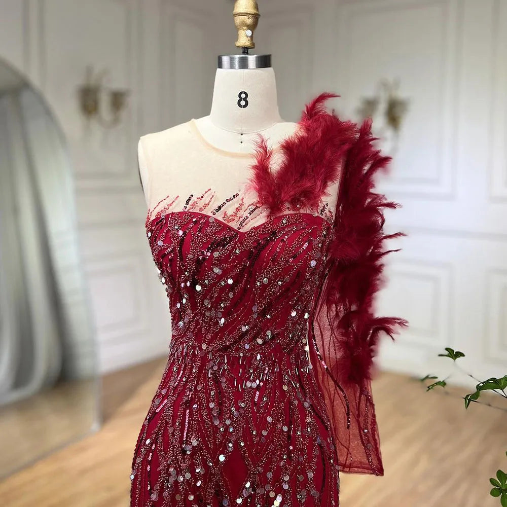 Elegant Arabic Wine Red Mermaid Evening Gown with Feathers & Beading - Luxury Women's Formal Dress for Weddings, Parties & Special Occasions - Perfect for 2025 Events & Red Carpet Glamour