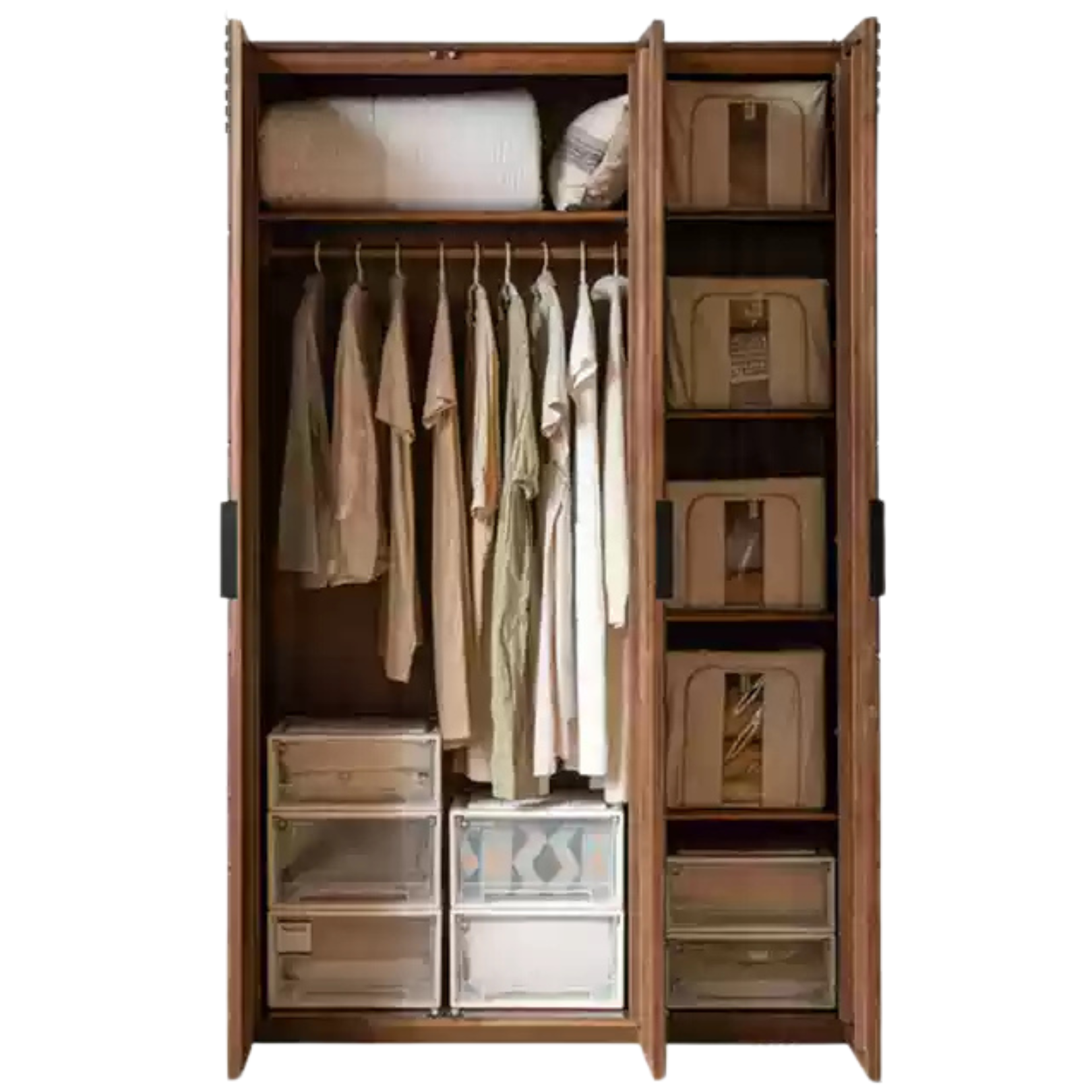 53.1x23.2x86.6 inch / 135x59.8x220cm / Rich Dark Walnut color / three-door solid wood wardrobe